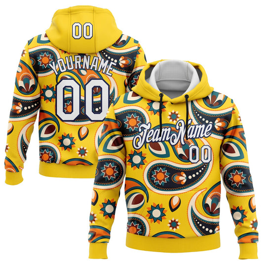 Custom Stitched Yellow White-Navy 3D Pattern Design Ethnic Paisley Floral Bandana Sports Pullover Sweatshirt Hoodie - Main View