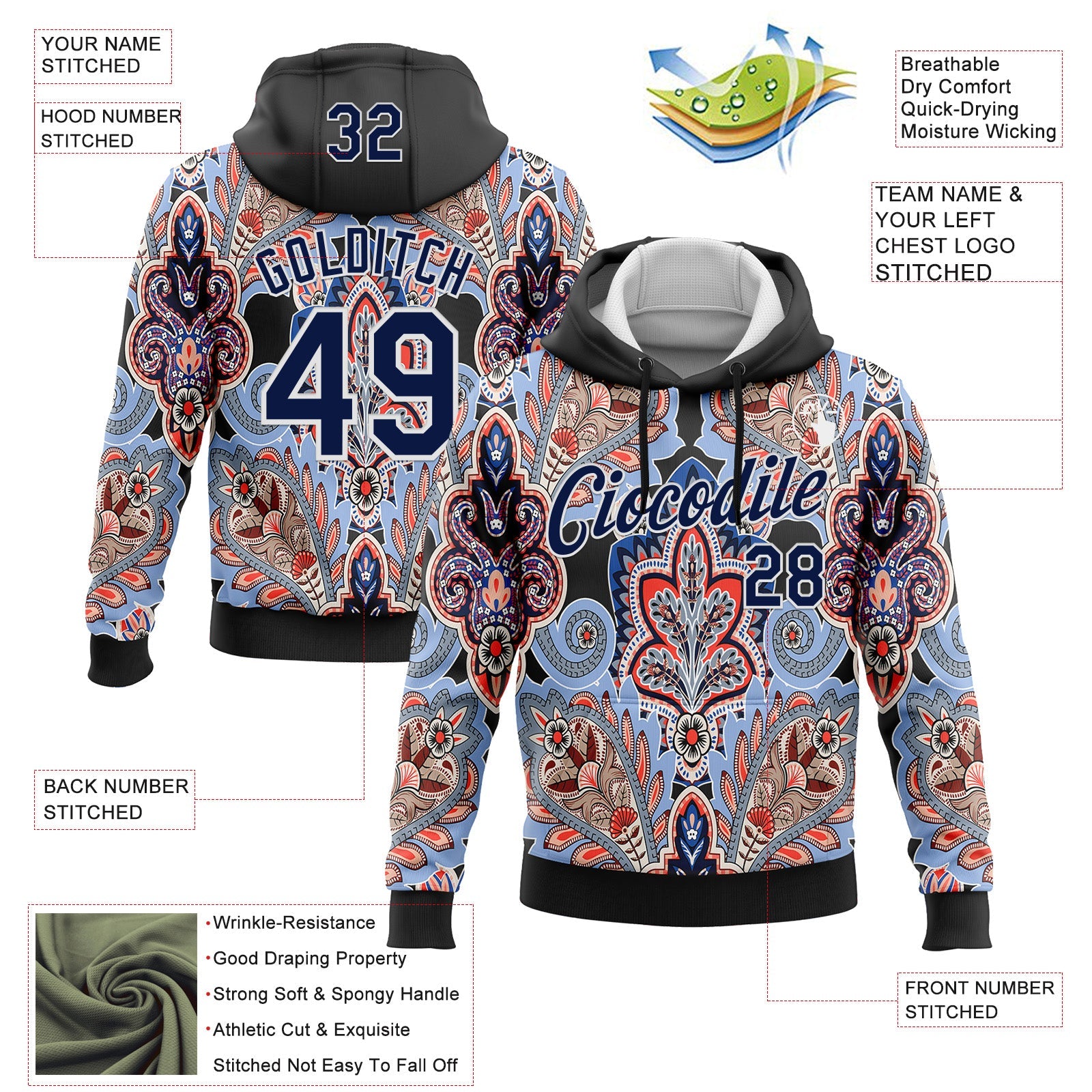 Custom Stitched Black Navy-White 3D Pattern Design Ethnic Paisley Floral Bandana Sports Pullover Sweatshirt Hoodie view 2