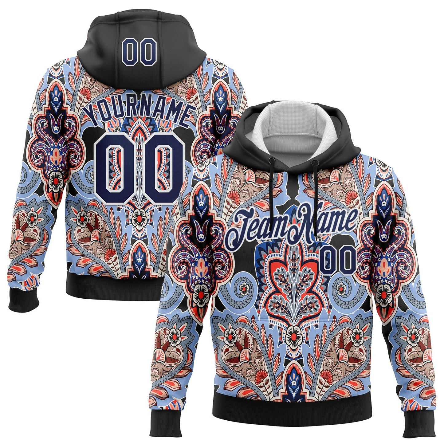 Custom Stitched Black Navy-White 3D Pattern Design Ethnic Paisley Floral Bandana Sports Pullover Sweatshirt Hoodie - Main View