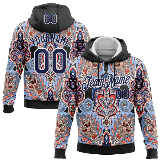 Custom Stitched Black Navy-White 3D Pattern Design Ethnic Paisley Floral Bandana Sports Pullover Sweatshirt Hoodie - Main View