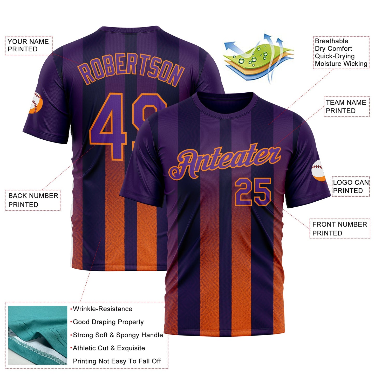 Custom Purple Orange-Bay Orange 3D Pattern Design Sunset Gradient Stripe Sportswear Performance T-Shirt view 2