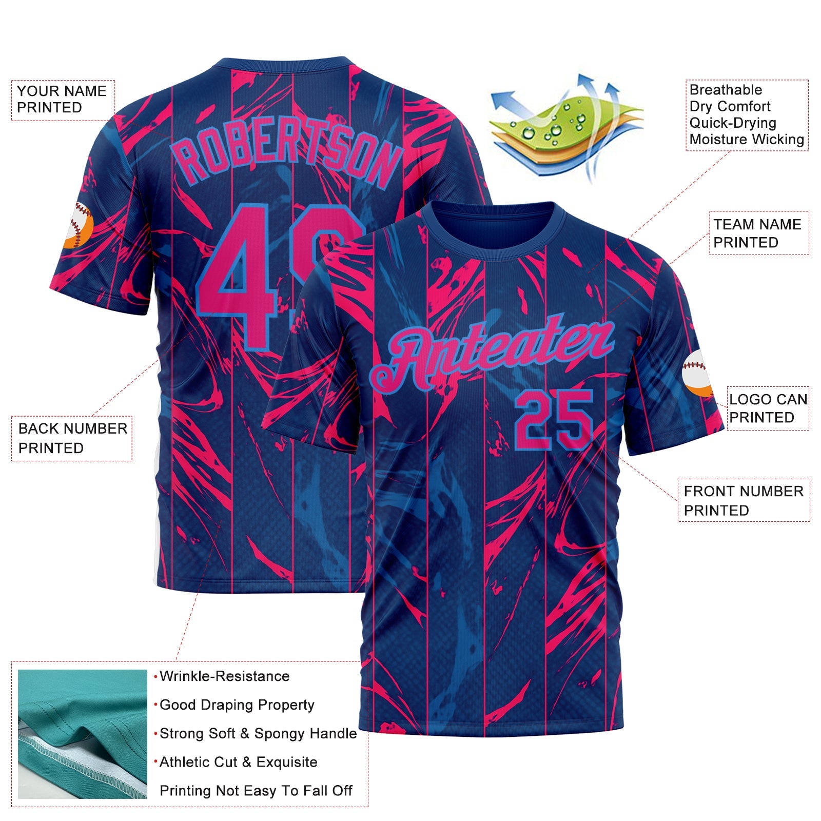 Custom Blue Hot Pink Red-Powder Blue 3D Pattern Design Abstract Splash Stripe Sportswear Performance T-Shirt view 2