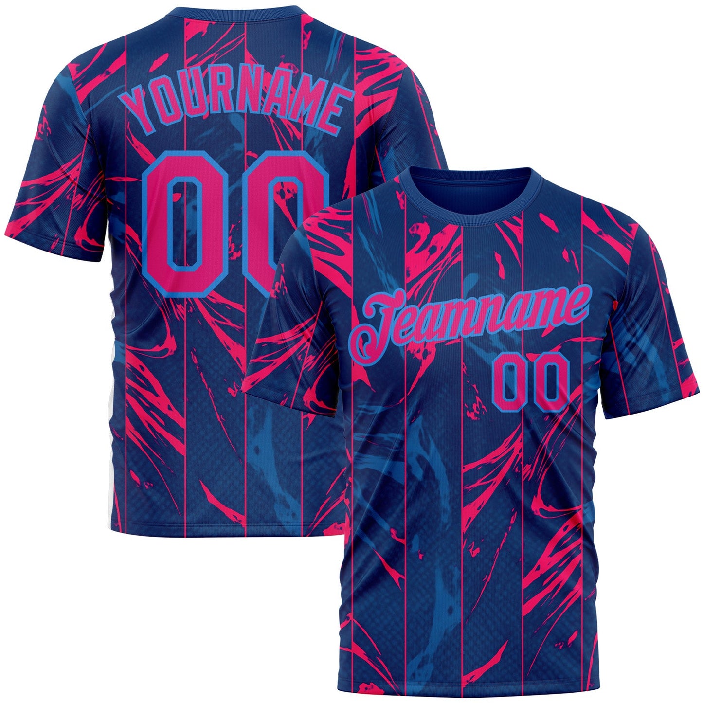 Custom Blue Hot Pink Red-Powder Blue 3D Pattern Design Abstract Splash Stripe Sportswear Performance T-Shirt - Main View