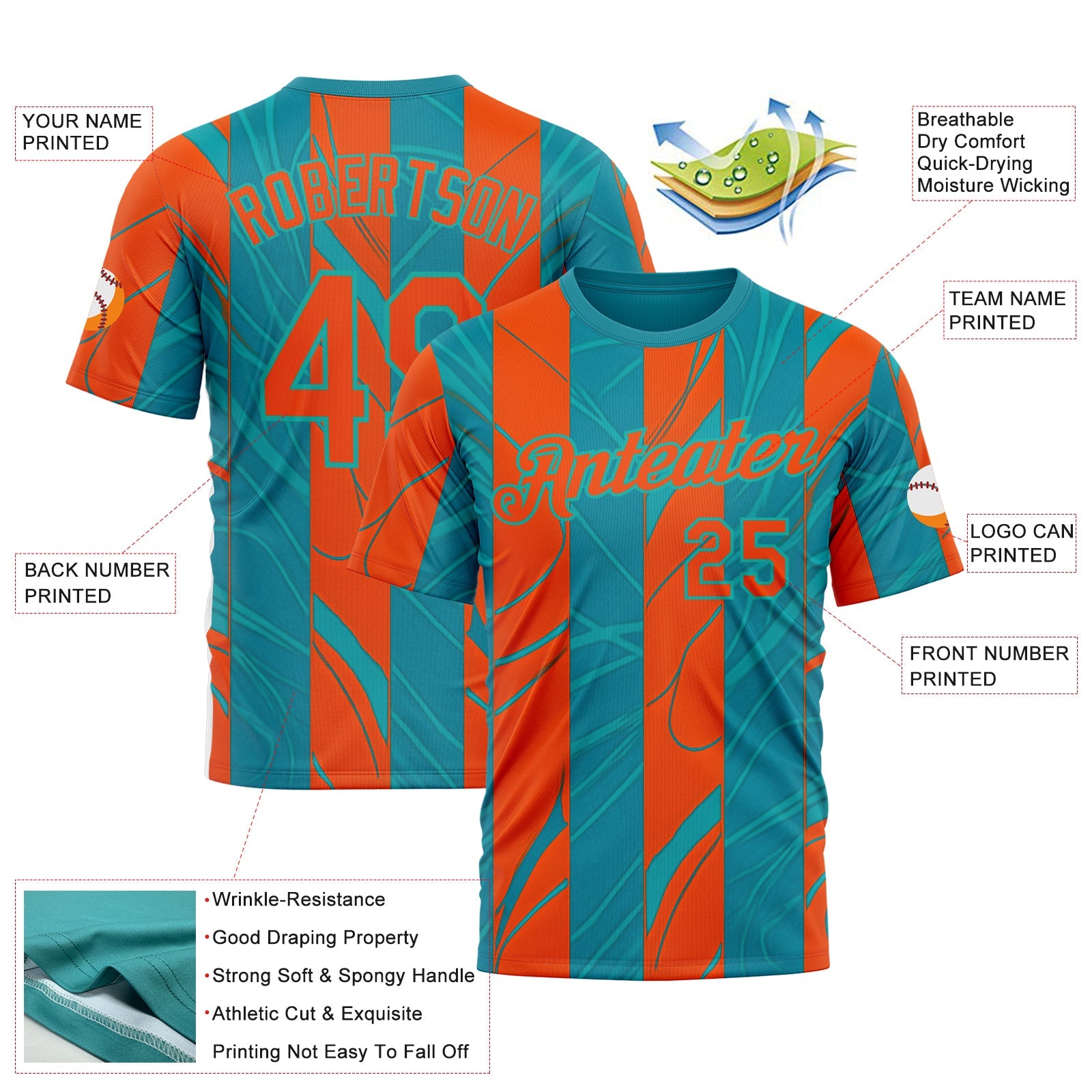Custom Blue Orange-Aqua 3D Pattern Design Color Block Stripe Sportswear Performance T-Shirt view 2