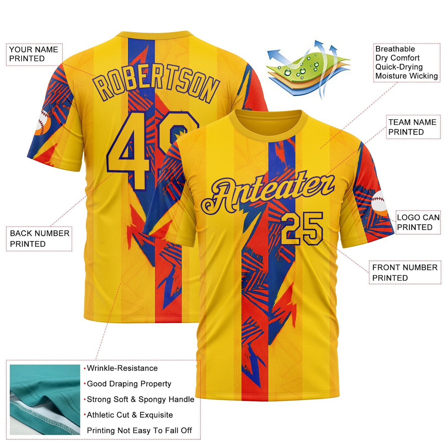 Custom Yellow Red-Dark Purple 3D Pattern Design Color Block Stripe Sportswear Performance T-Shirt view 2