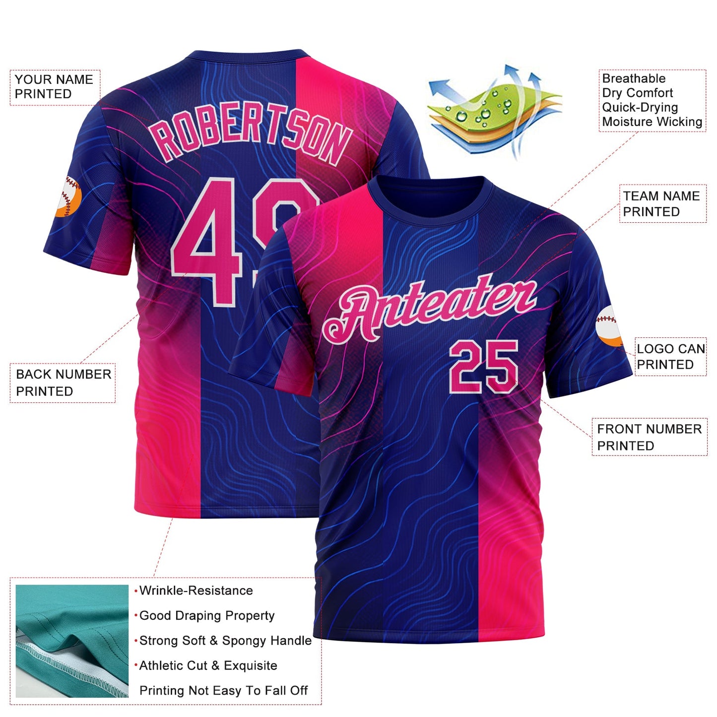 Custom Blue Hot Pink Red-White 3D Pattern Design Neon Stripe Sportswear Performance T-Shirt view 2