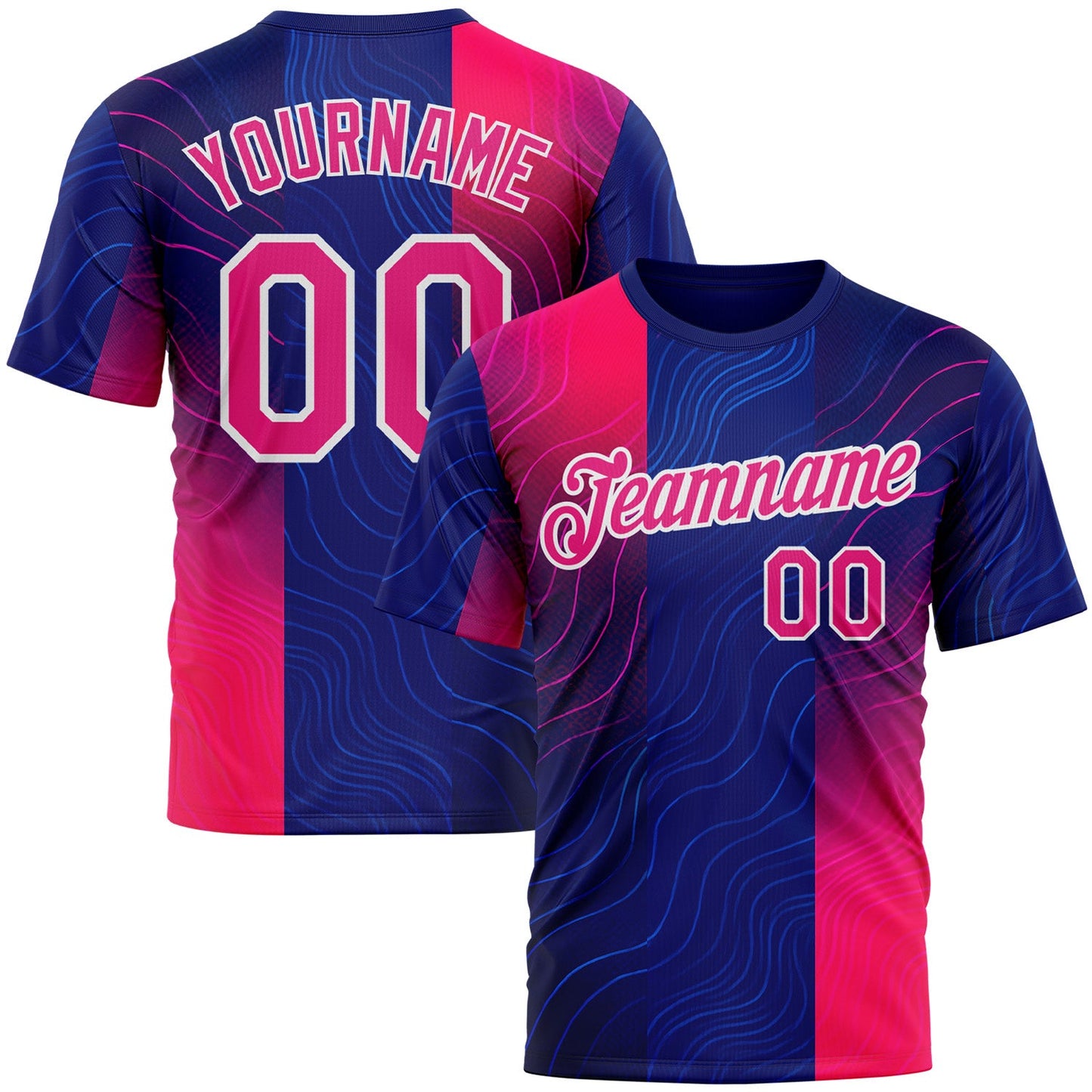 Custom Blue Hot Pink Red-White 3D Pattern Design Neon Stripe Sportswear Performance T-Shirt - Main View