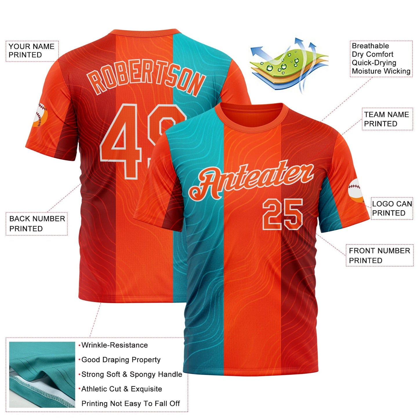 Custom Orange Blue-White 3D Pattern Design Neon Stripe Sportswear Performance T-Shirt view 2