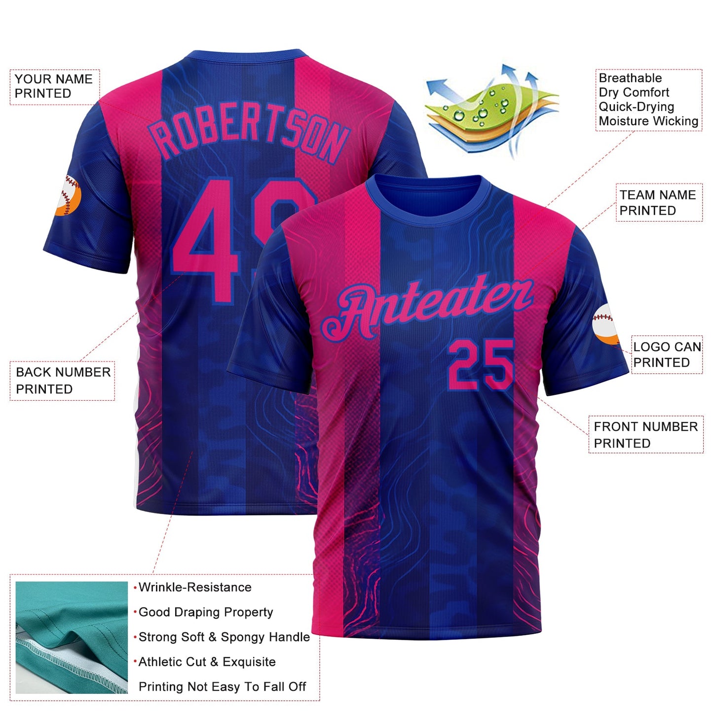 Custom Blue Hot Pink Red-Thunder Blue 3D Pattern Design Neon Stripe Sportswear Performance T-Shirt view 2