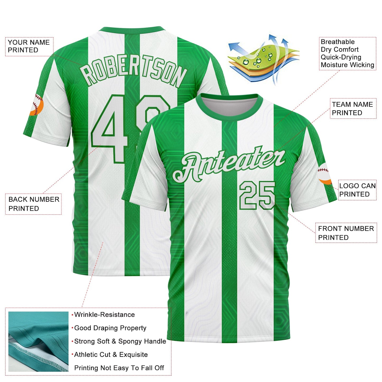 Custom White Green-Grass Green 3D Pattern Design Mexico Stripe Sportswear Performance T-Shirt view 2