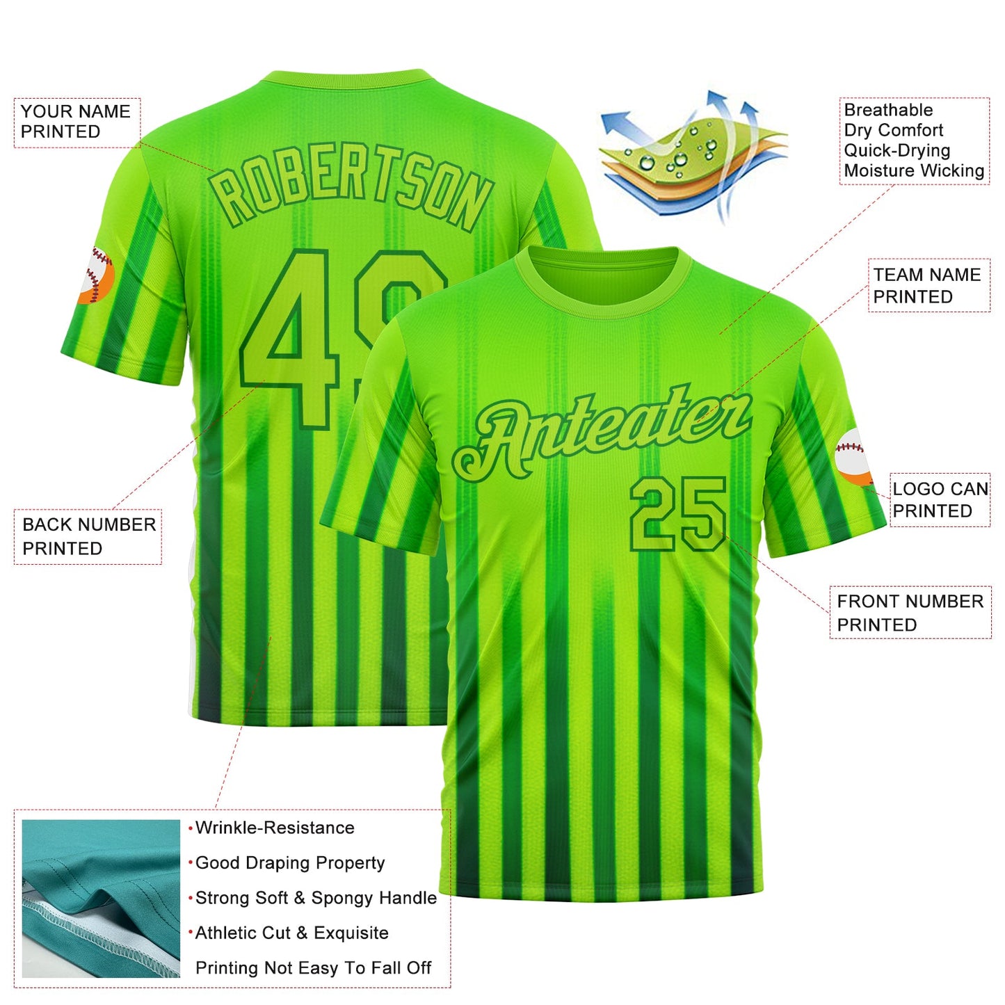 Custom Green Neon Green-Grass Green 3D Pattern Design Mexico Gradient Stripe Sportswear Performance T-Shirt view 2