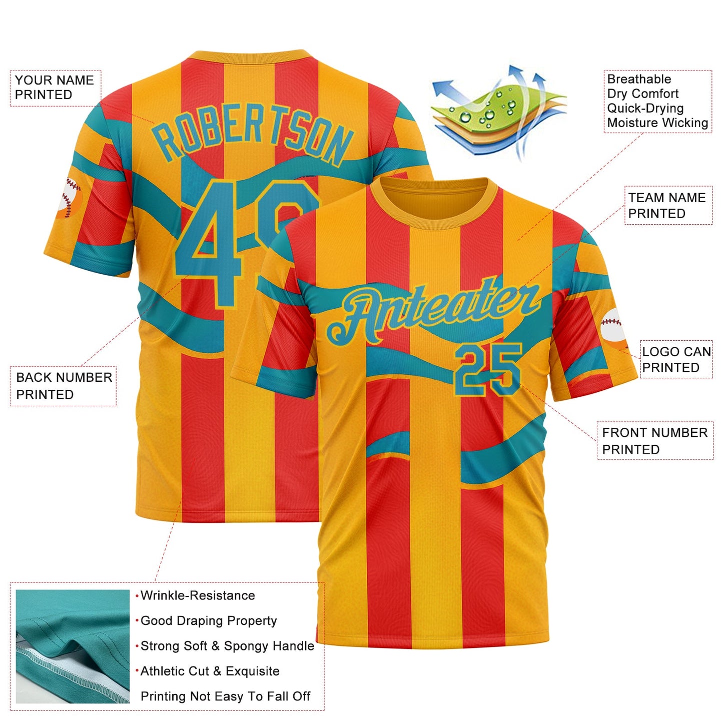 Custom Yellow Panther Blue-Red 3D Pattern Design Color Block Stripe Sportswear Performance T-Shirt view 2