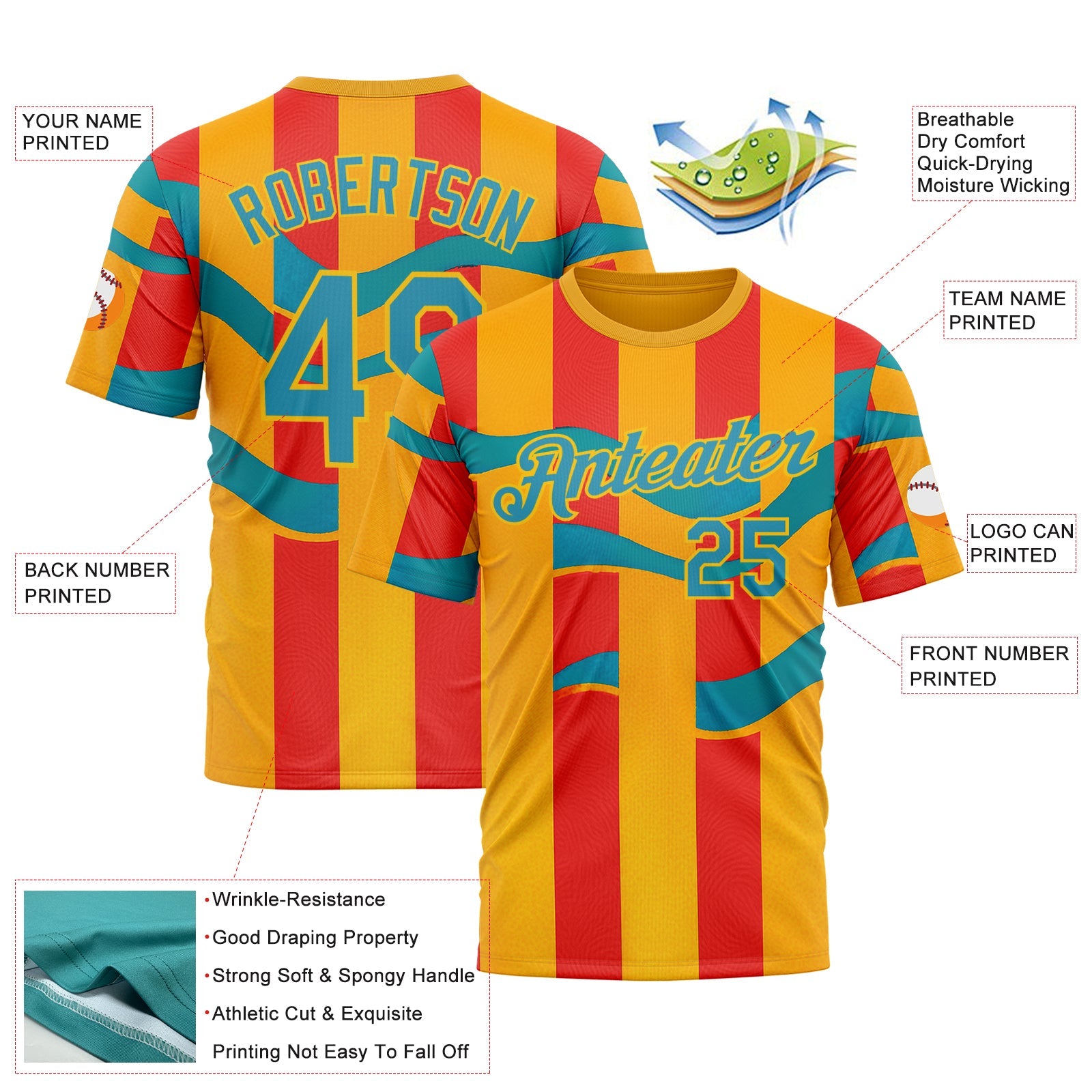 Custom Yellow Panther Blue-Red 3D Pattern Design Color Block Stripe Sportswear Performance T-Shirt view 2