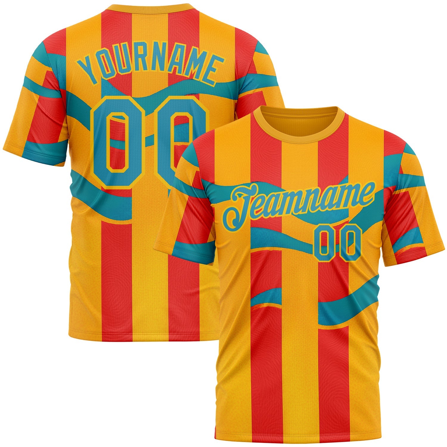 Custom Yellow Panther Blue-Red 3D Pattern Design Color Block Stripe Sportswear Performance T-Shirt - Main View