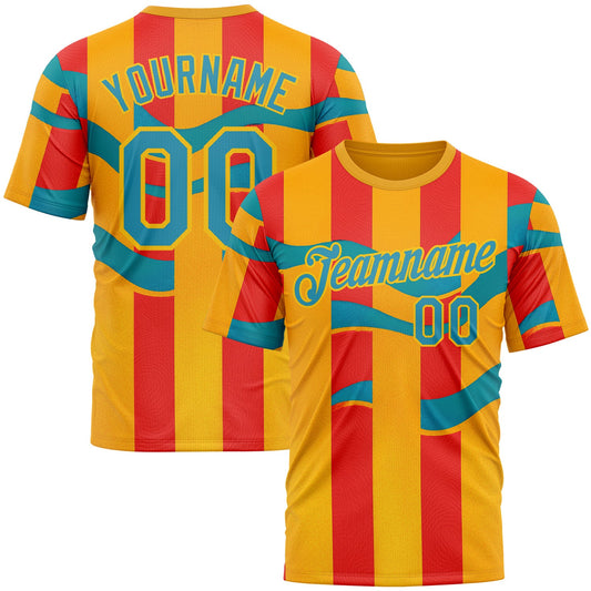 Custom Yellow Panther Blue-Red 3D Pattern Design Color Block Stripe Sportswear Performance T-Shirt - Main View