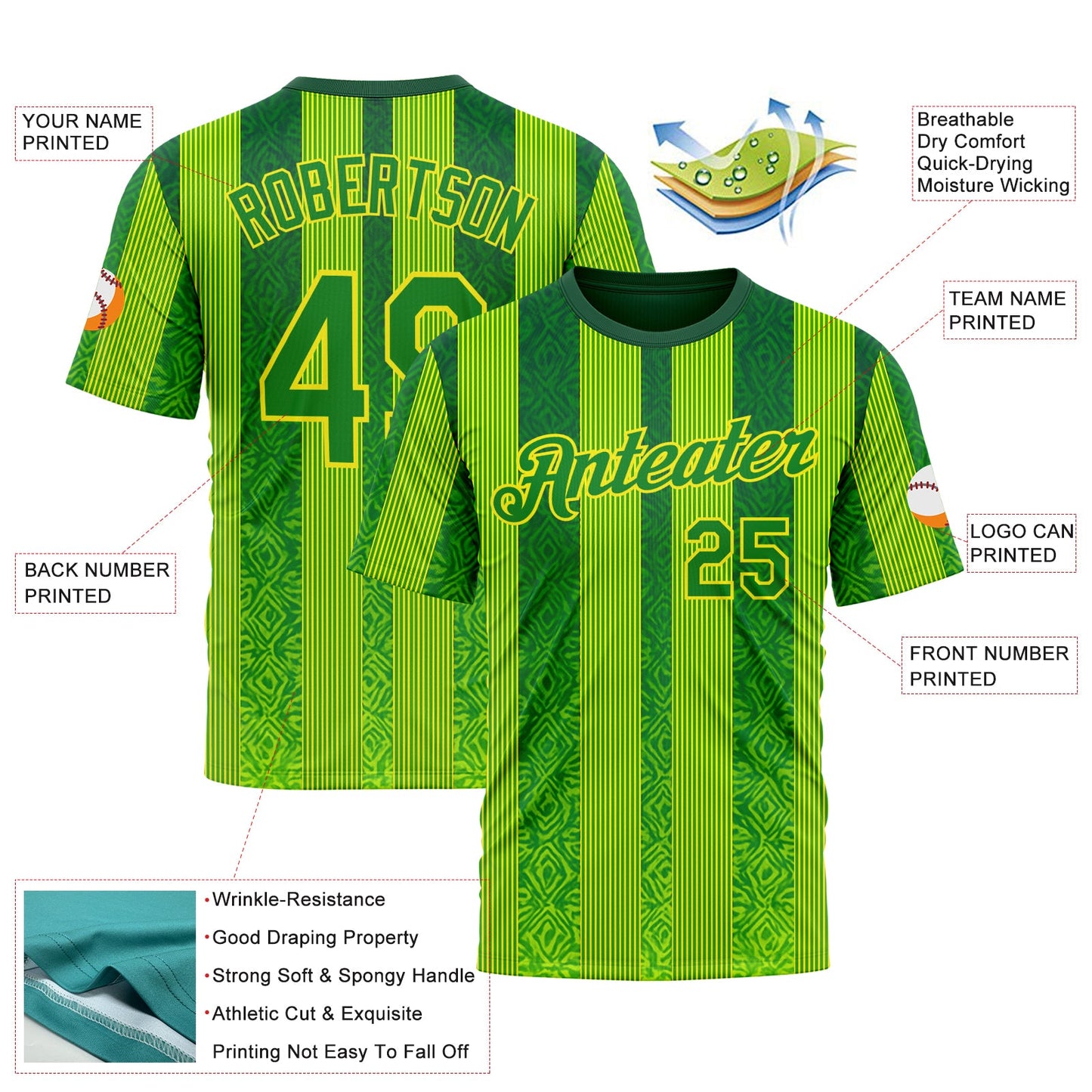 Custom Green Grass Green Yellow-Light Yellow 3D Pattern Design Brazil Stripe Sportswear Performance T-Shirt view 2