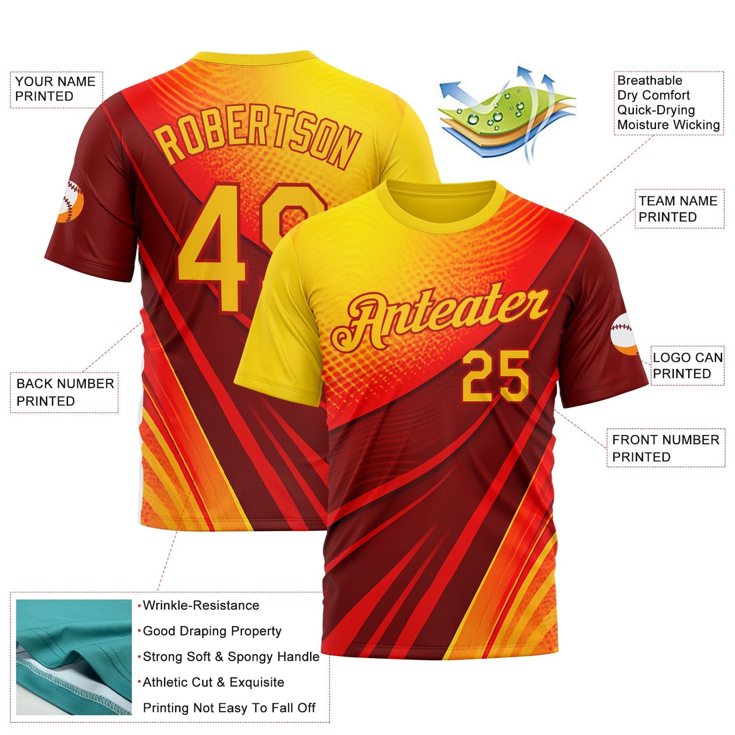 Custom Red Yellow 3D Pattern Design Spain Wave Gradient Sportswear Performance T-Shirt view 2