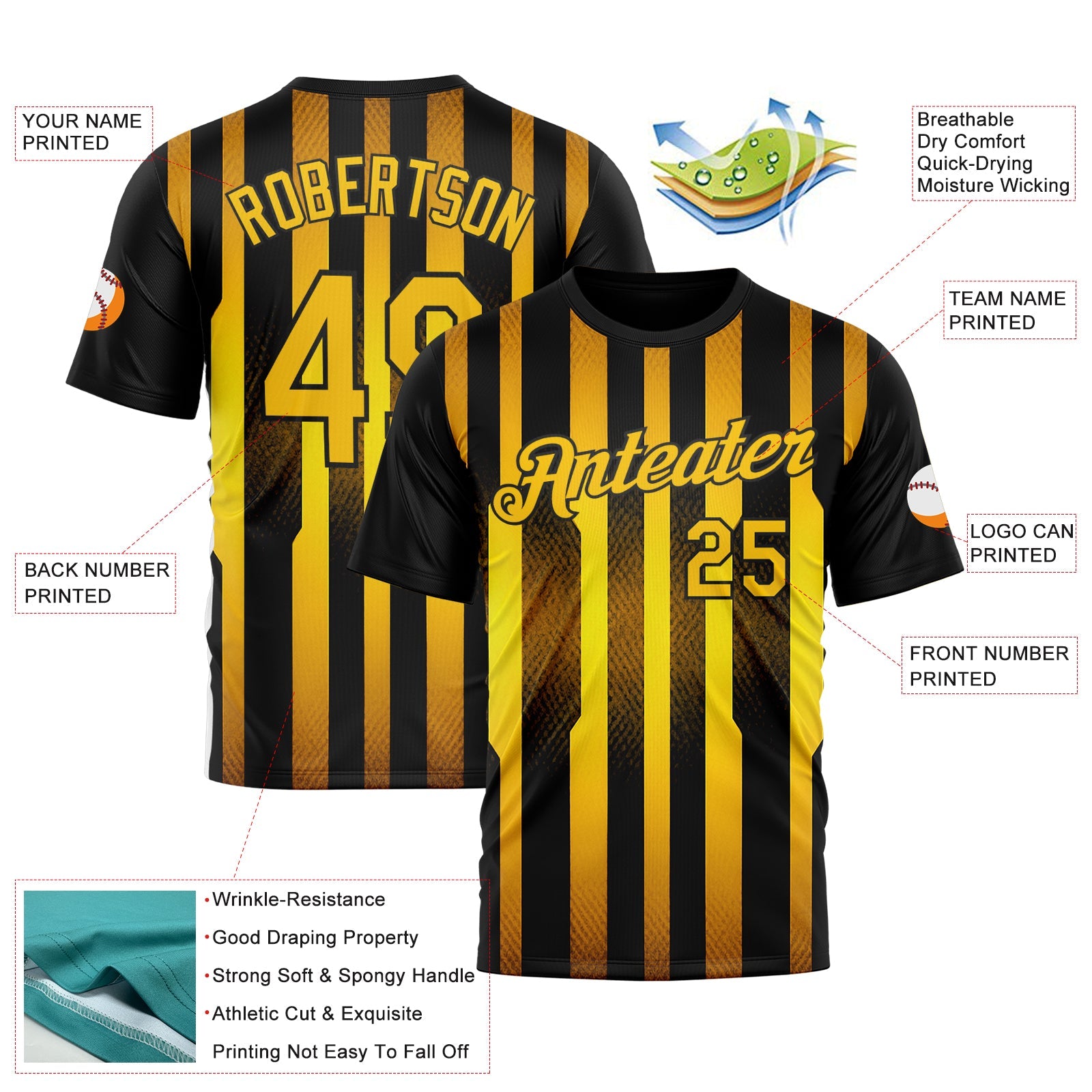 Custom Black Yellow 3D Pattern Design Germany Stripe Sportswear Performance T-Shirt view 2