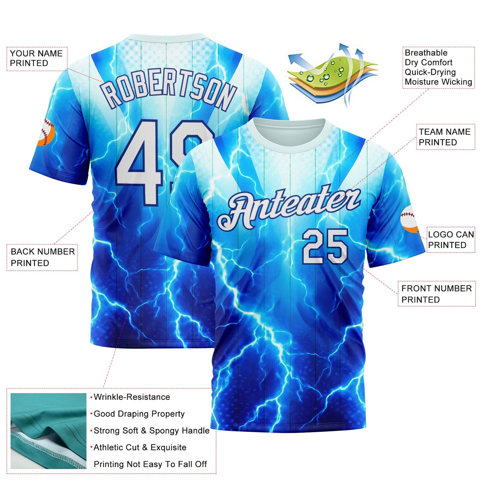 Custom Blue White-Thunder Blue 3D Pattern Design Lightning Sportswear Performance T-Shirt view 2