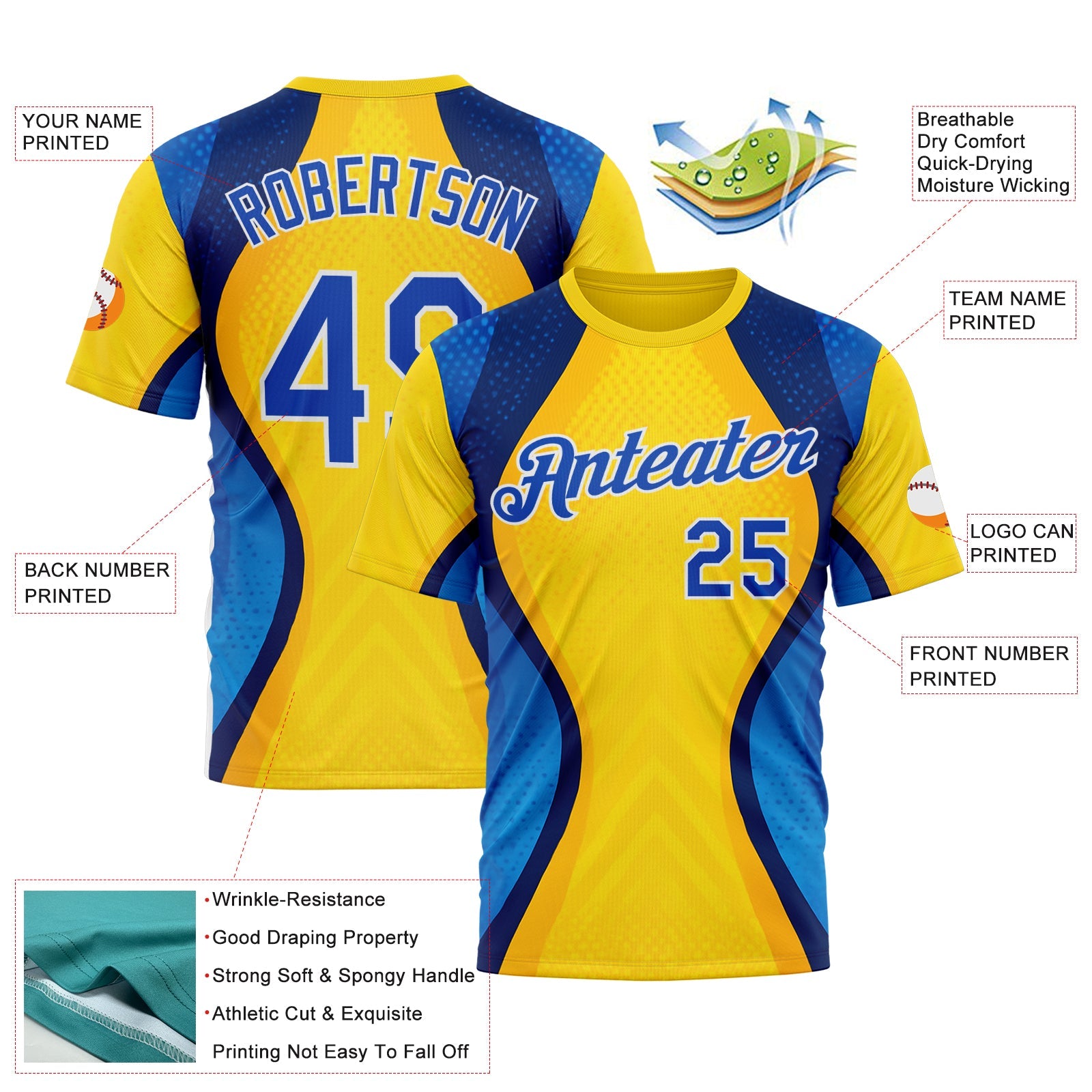 Custom Yellow Thunder Blue Blue-White 3D Pattern Design Brazil Color Block Sportswear Performance T-Shirt view 2