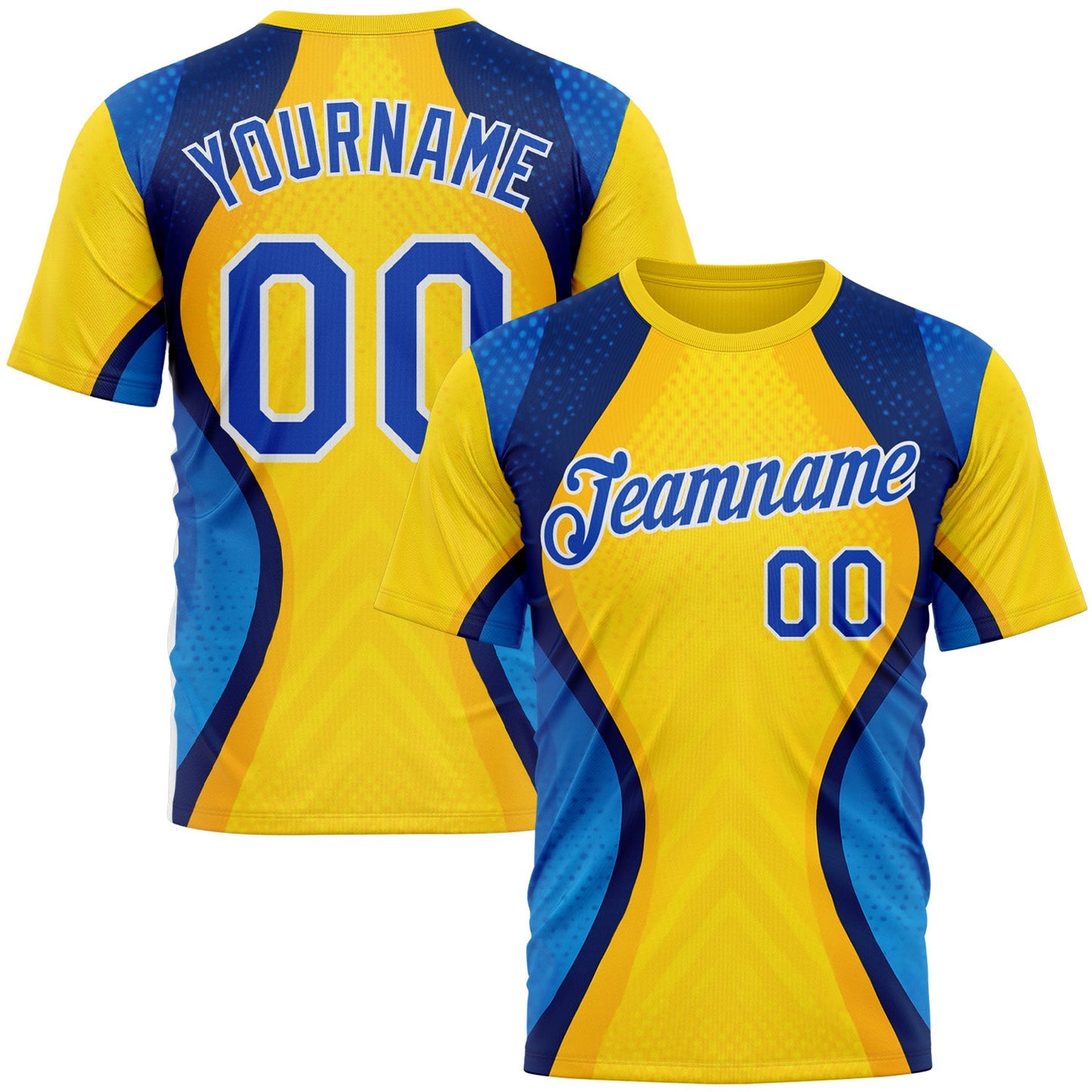 Custom Yellow Thunder Blue Blue-White 3D Pattern Design Brazil Color Block Sportswear Performance T-Shirt - Main View