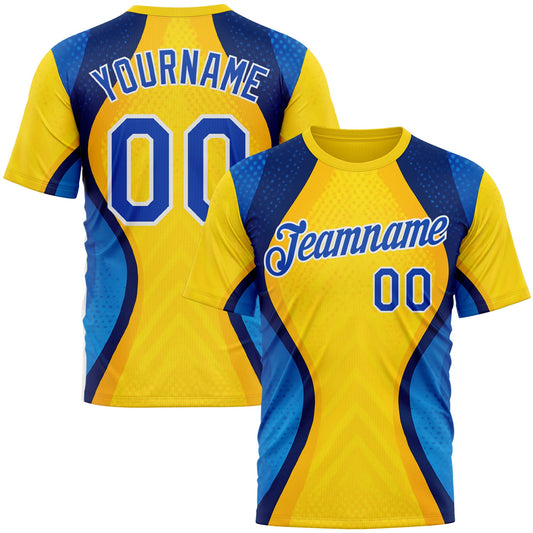 Custom Yellow Thunder Blue Blue-White 3D Pattern Design Brazil Color Block Sportswear Performance T-Shirt - Main View