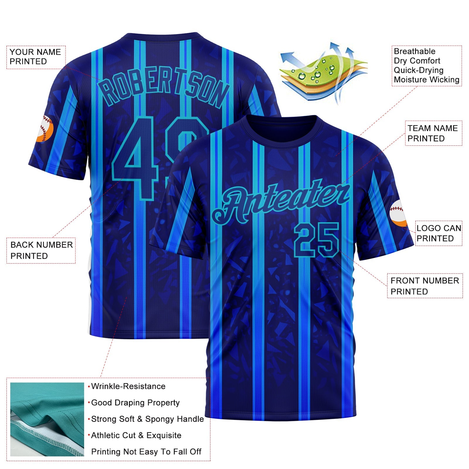 Custom Blue Royal-Lakes Blue 3D Pattern Design Classic Geometric Shape Stripe Sportswear Performance T-Shirt view 2