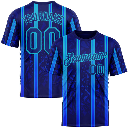 Custom Blue Royal-Lakes Blue 3D Pattern Design Classic Geometric Shape Stripe Sportswear Performance T-Shirt - Main View
