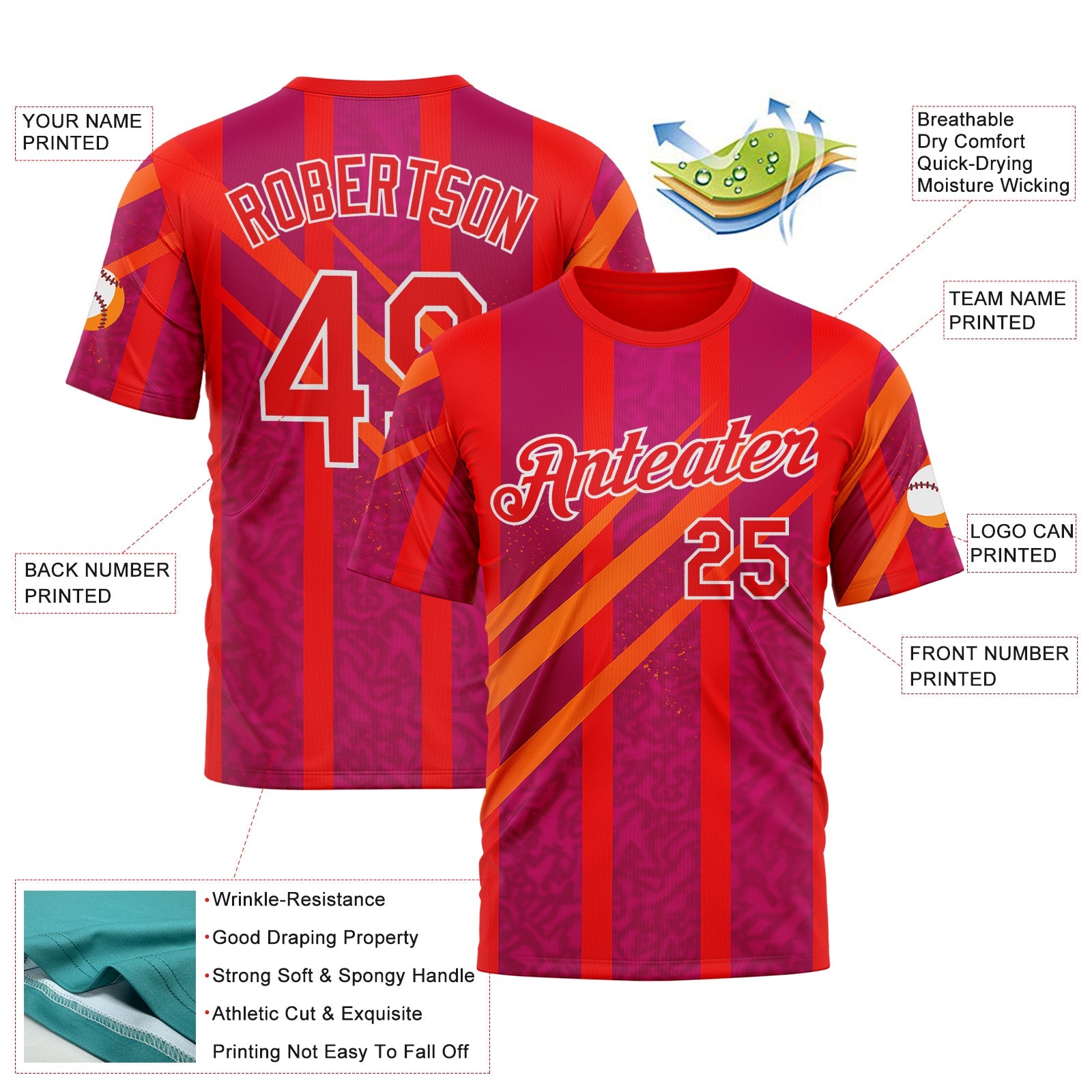 Custom Red Fire Red-White 3D Pattern Design Neon Stripe Sportswear Performance T-Shirt view 2