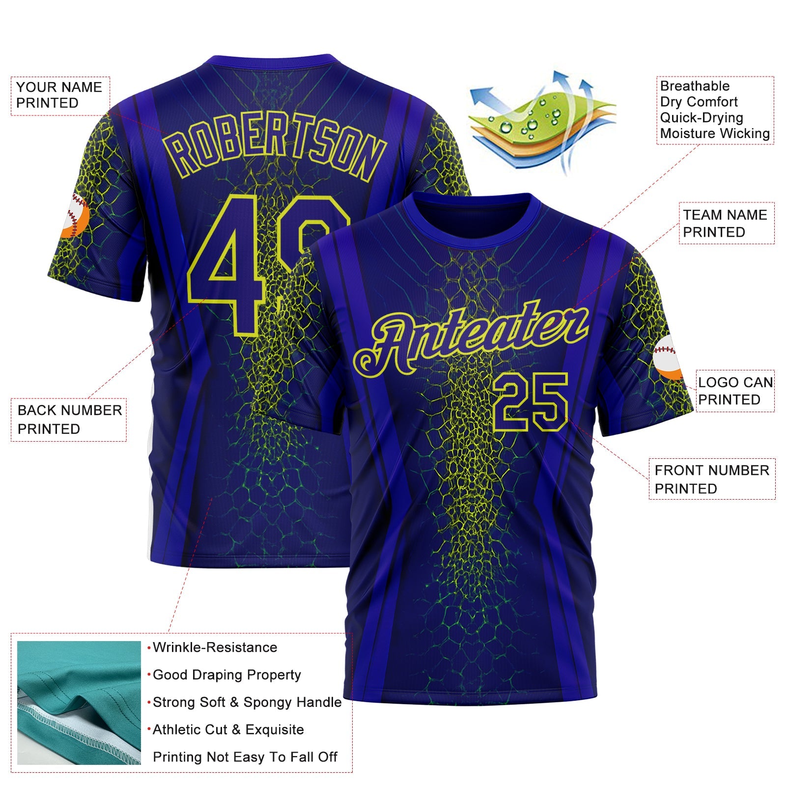 Custom Blue Dark Purple-Neon Yellow 3D Pattern Design Abstract Net Sportswear Performance T-Shirt view 2