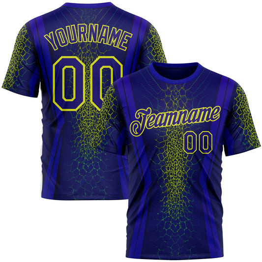 Custom Blue Dark Purple-Neon Yellow 3D Pattern Design Abstract Net Sportswear Performance T-Shirt - Main View