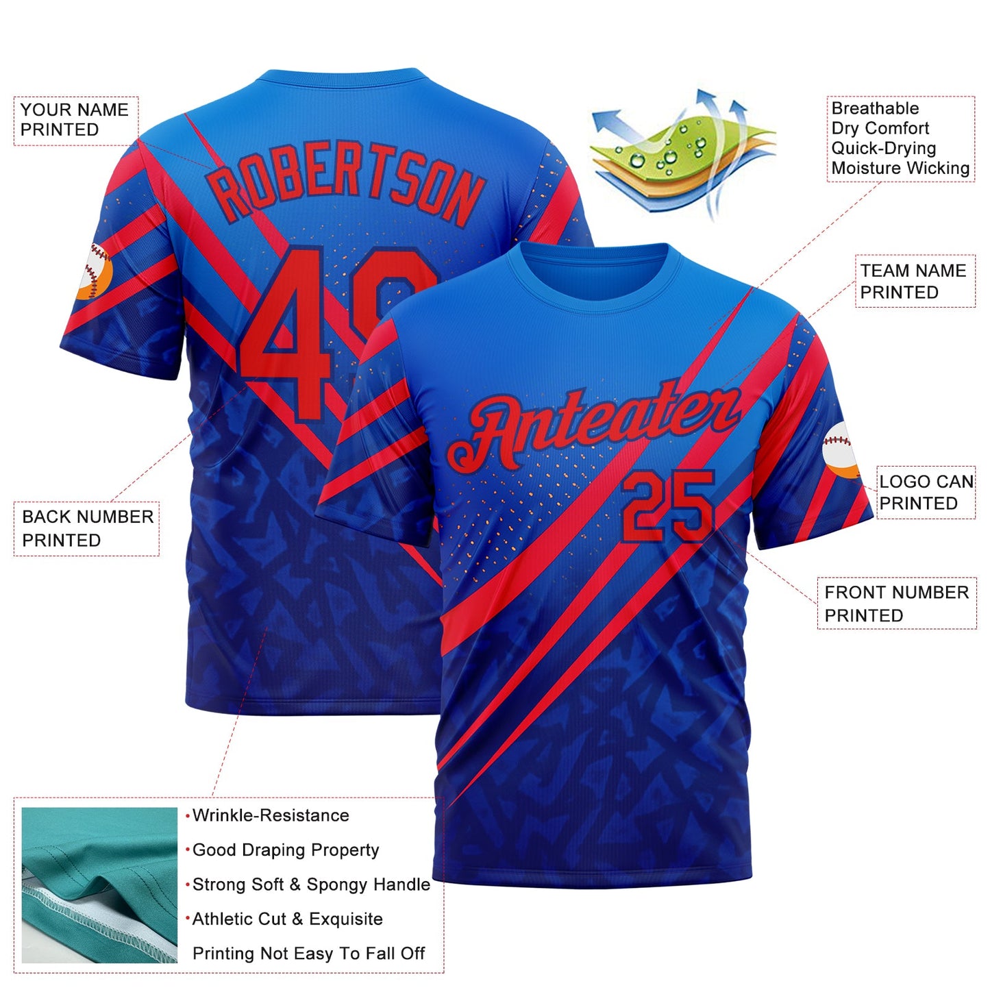 Custom Blue Fire Red-Royal 3D Pattern Design USA Inspired Sportswear Performance T-Shirt view 2