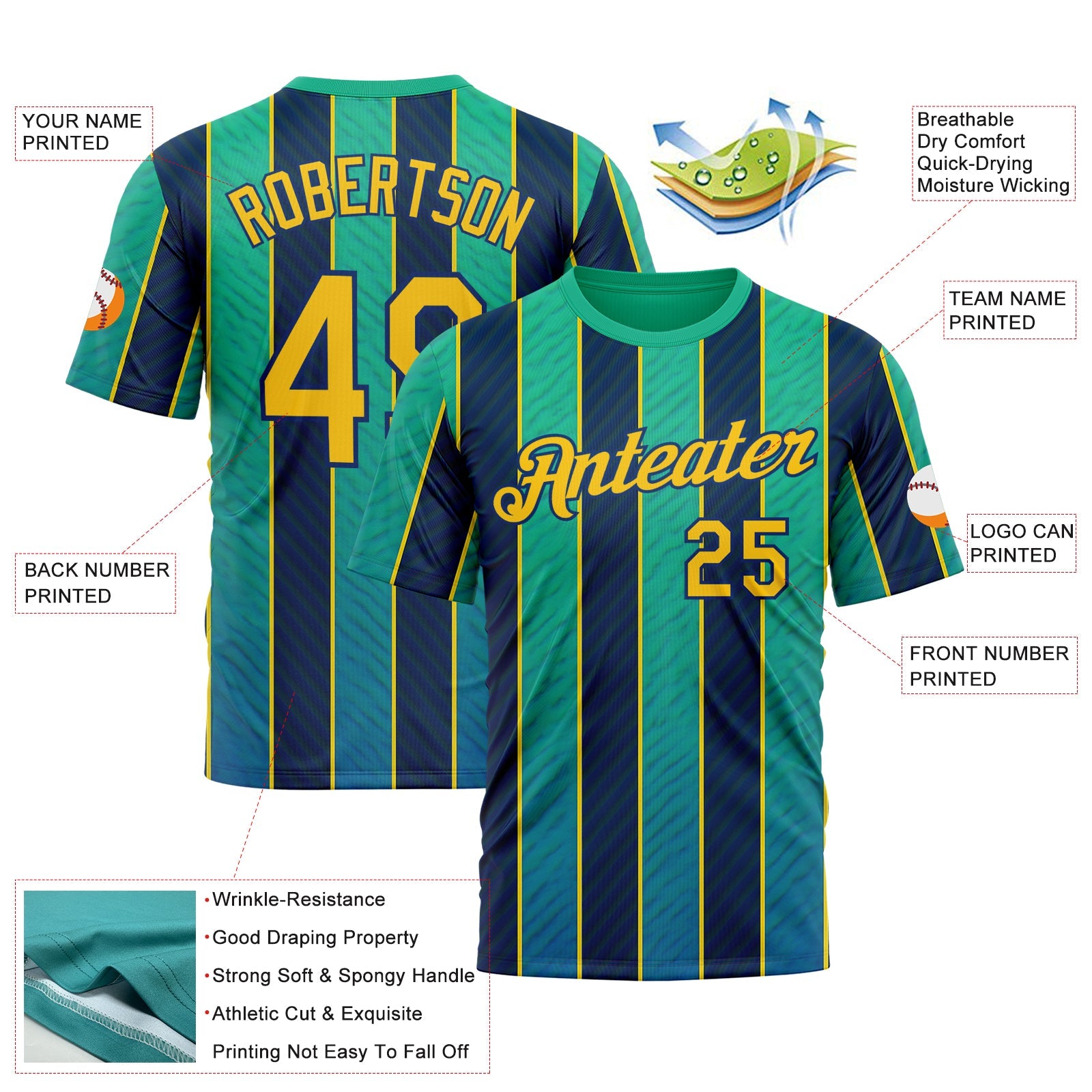 Custom Green Yellow-US Navy Blue 3D Pattern Design Stripe Sportswear Performance T-Shirt view 2