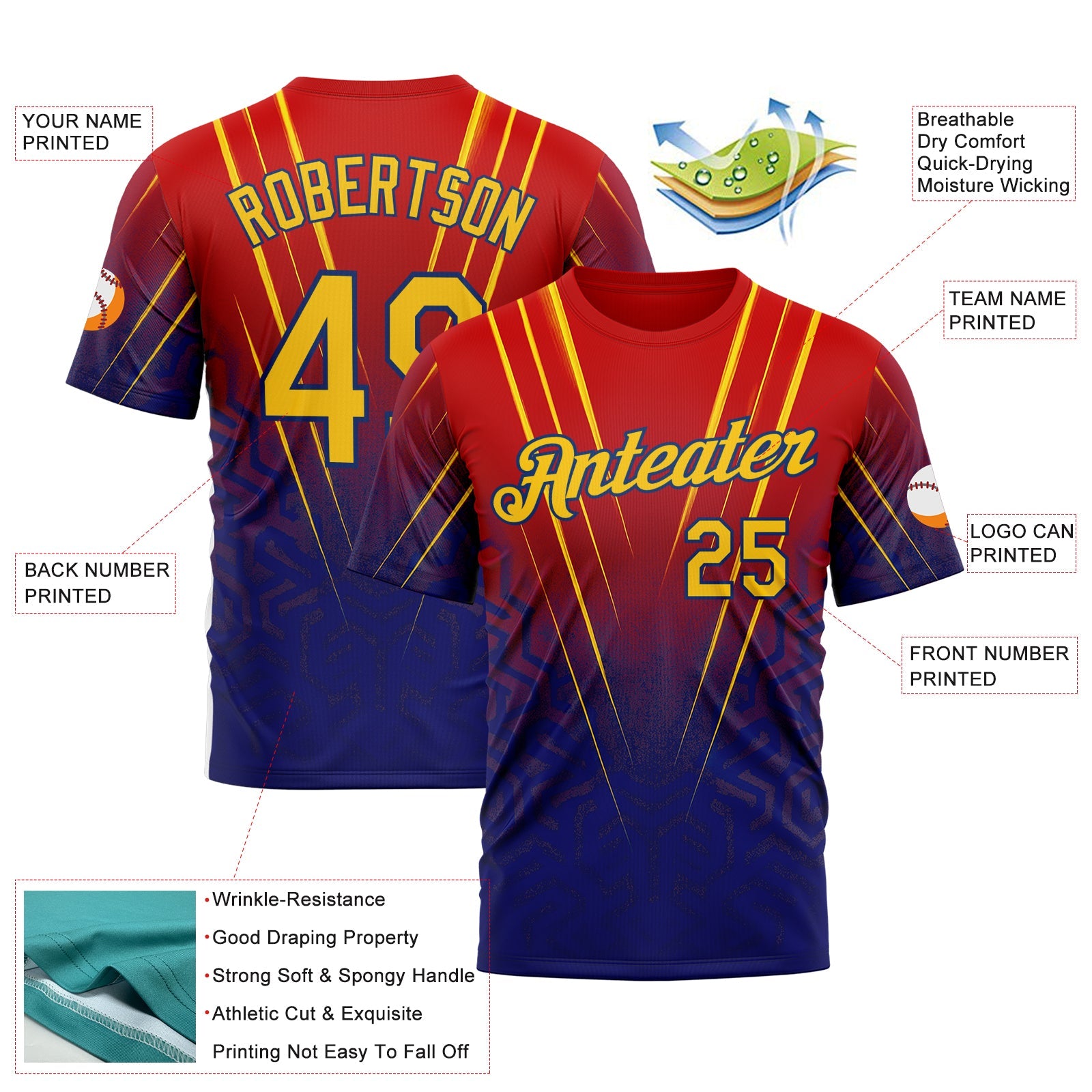 Custom Red Yellow-US Navy Blue 3D Pattern Design USA Inspired France Sportswear Performance T-Shirt view 2