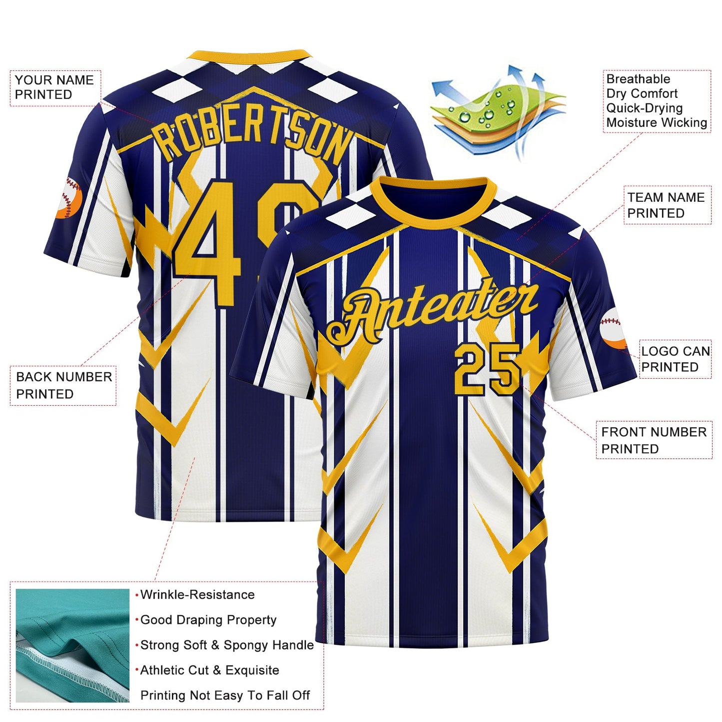 Custom White Yellow Blue-Navy 3D Pattern Design Geometric Shape Stripe Sportswear Performance T-Shirt view 2