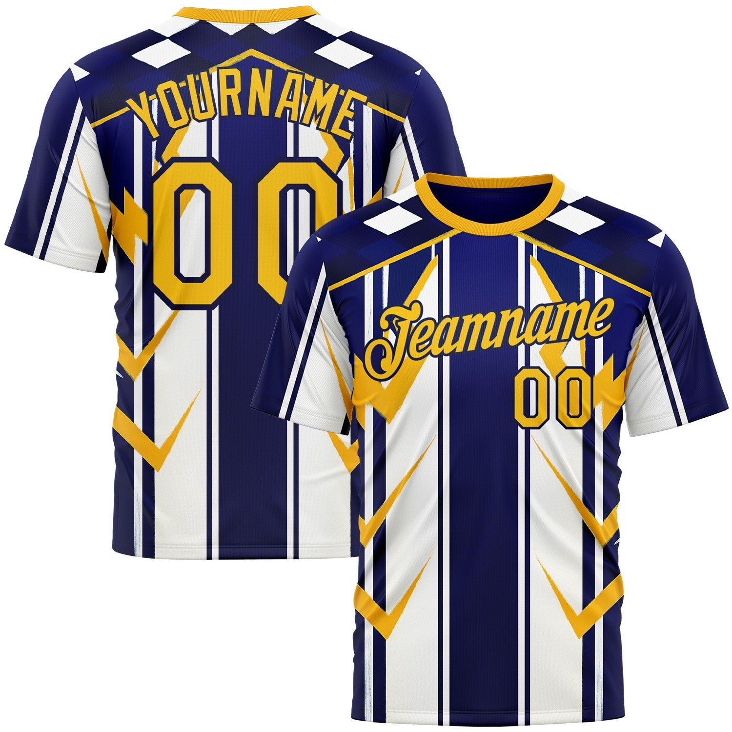 Custom White Yellow Blue-Navy 3D Pattern Design Geometric Shape Stripe Sportswear Performance T-Shirt - Main View