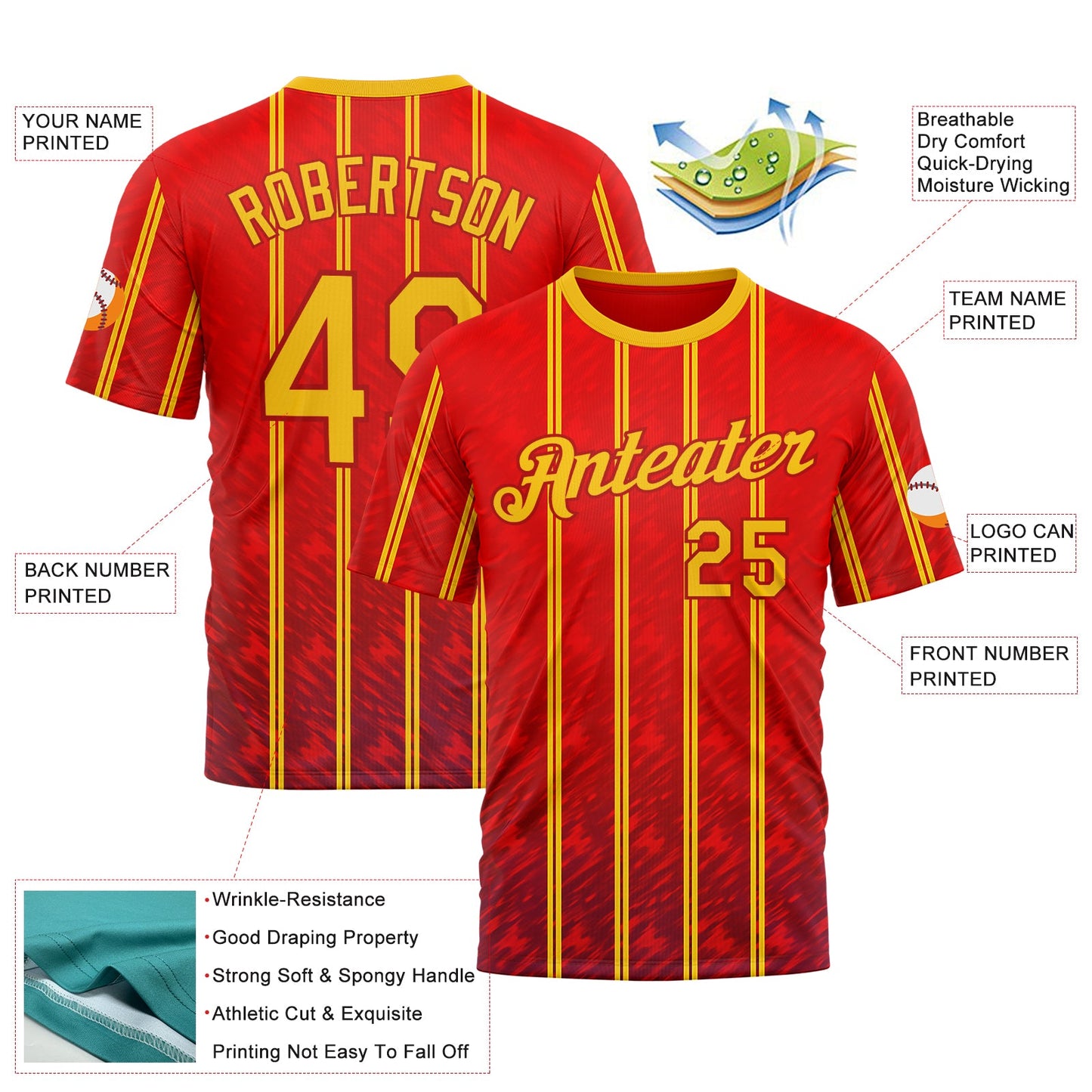 Custom Red Yellow 3D Pattern Design Spain Stripe Sportswear Performance T-Shirt view 2