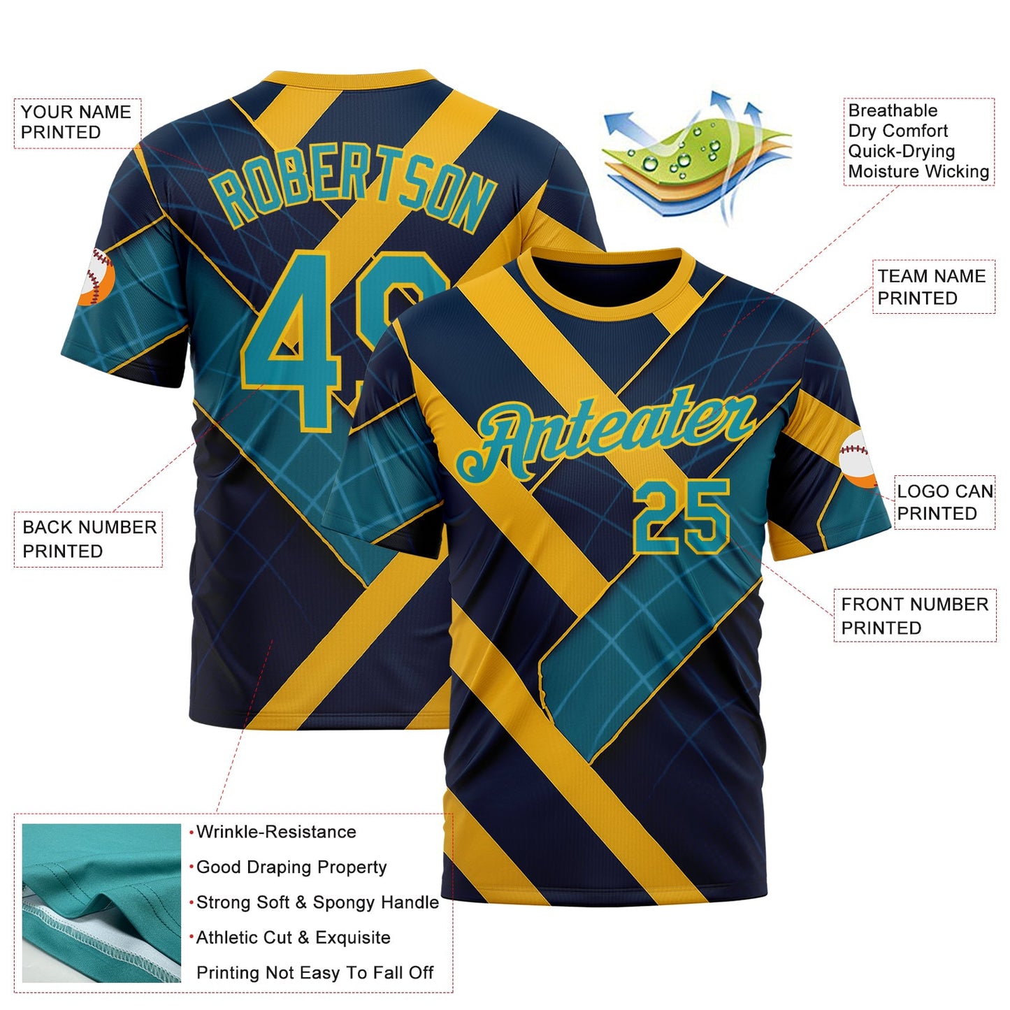 Custom Blue Teal-Yellow 3D Pattern Design Brazil Geometric Shape Sportswear Performance T-Shirt view 2