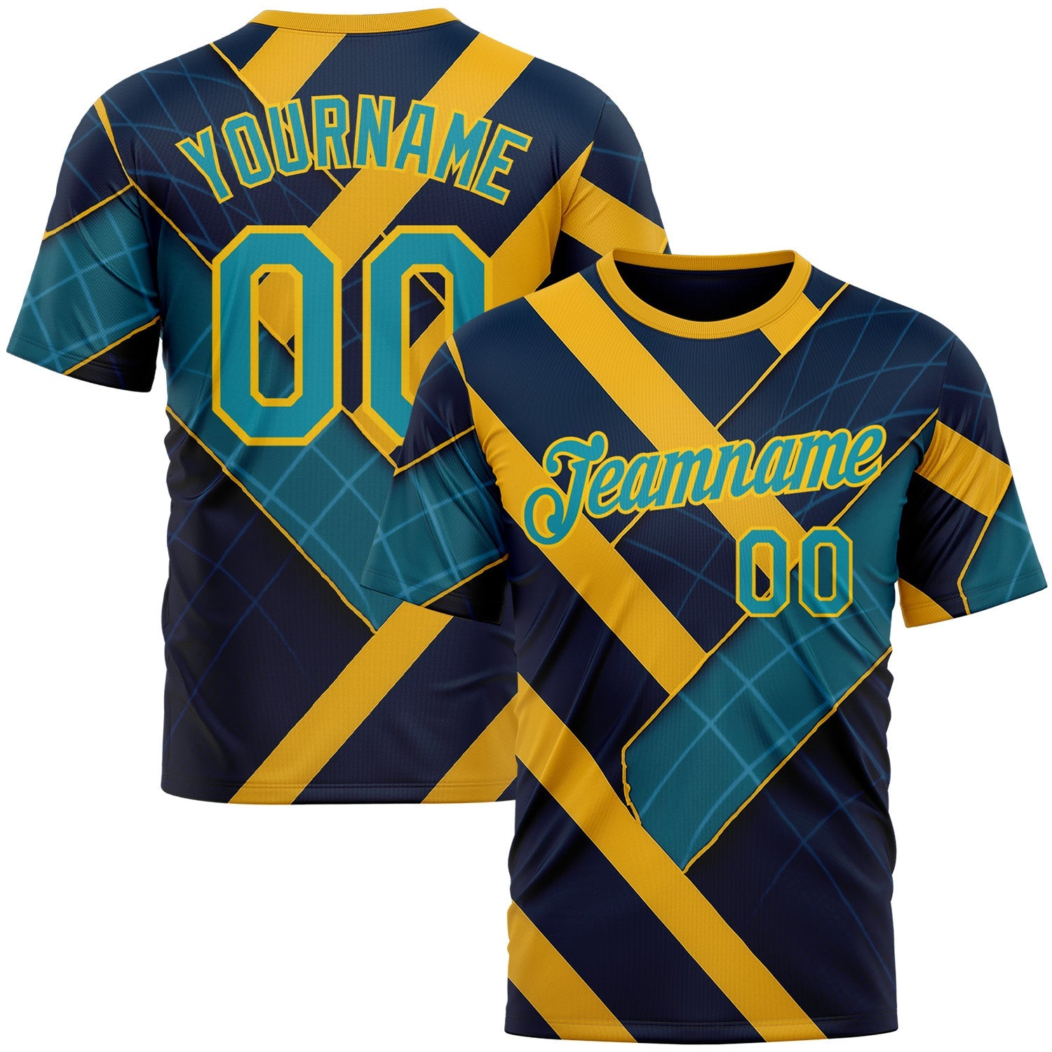 Custom Blue Teal-Yellow 3D Pattern Design Brazil Geometric Shape Sportswear Performance T-Shirt - Main View