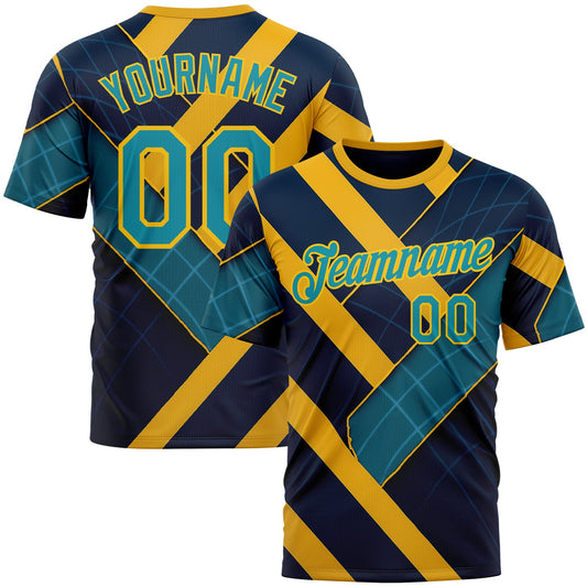 Custom Blue Teal-Yellow 3D Pattern Design Brazil Geometric Shape Sportswear Performance T-Shirt - Main View