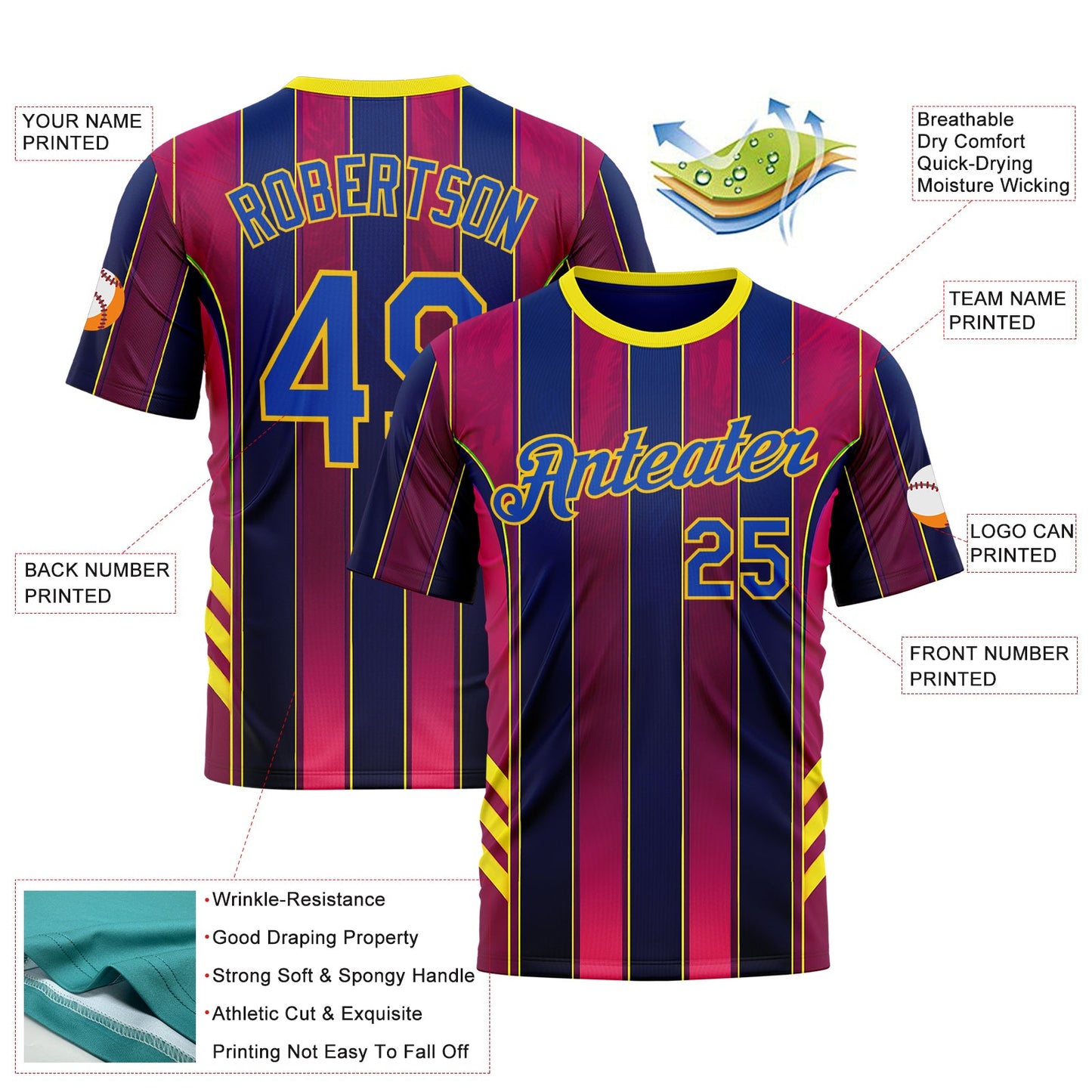 Custom Red Thunder Blue Blue-Yellow 3D Pattern Design Stripe Sportswear Performance T-Shirt view 2