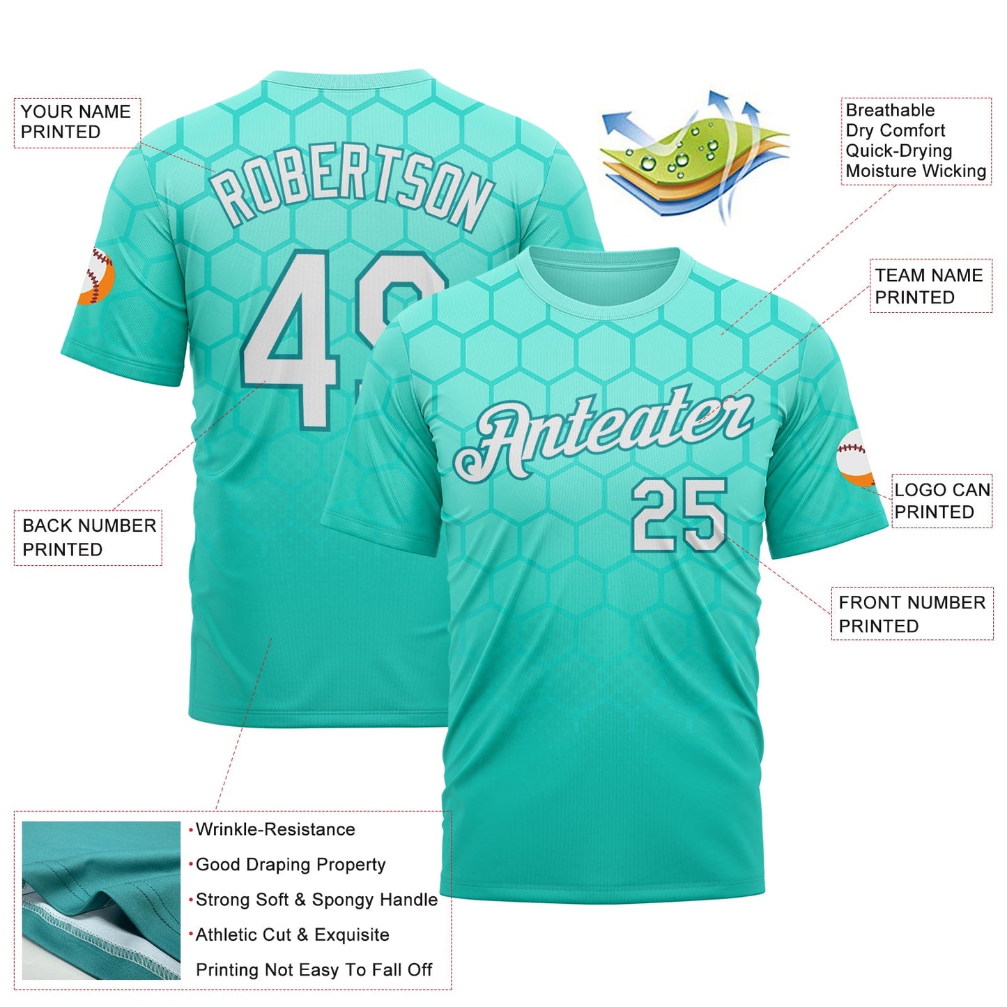 Custom Green White-Teal 3D Pattern Design Geometric Honeycomb Shape Sportswear Performance T-Shirt view 2
