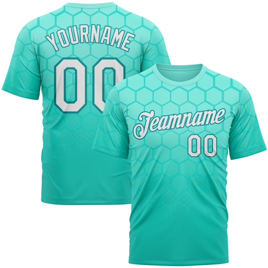 Custom Green White-Teal 3D Pattern Design Geometric Honeycomb Shape Sportswear Performance T-Shirt - Main View