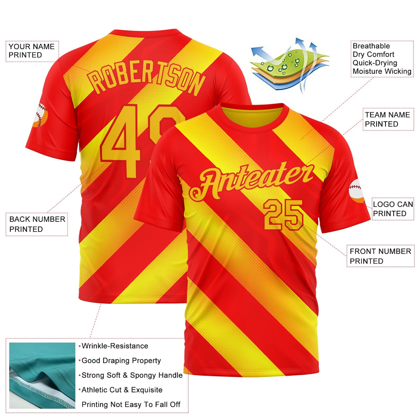 Custom Red Yellow-Fire Red 3D Pattern Design Spain Stripe Sportswear Performance T-Shirt view 2