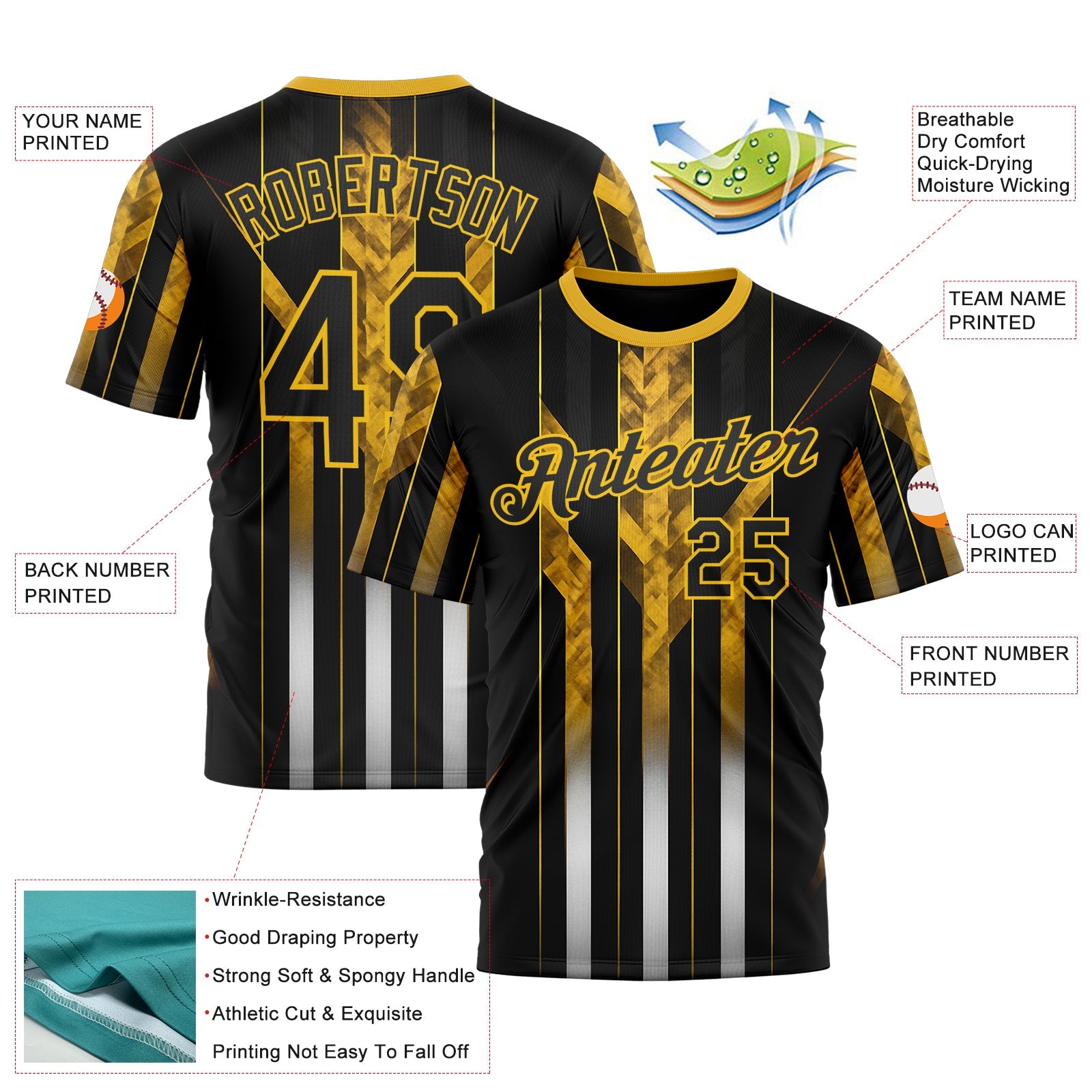 Custom Black Yellow 3D Pattern Design Germany Stripe Sportswear Performance T-Shirt view 2