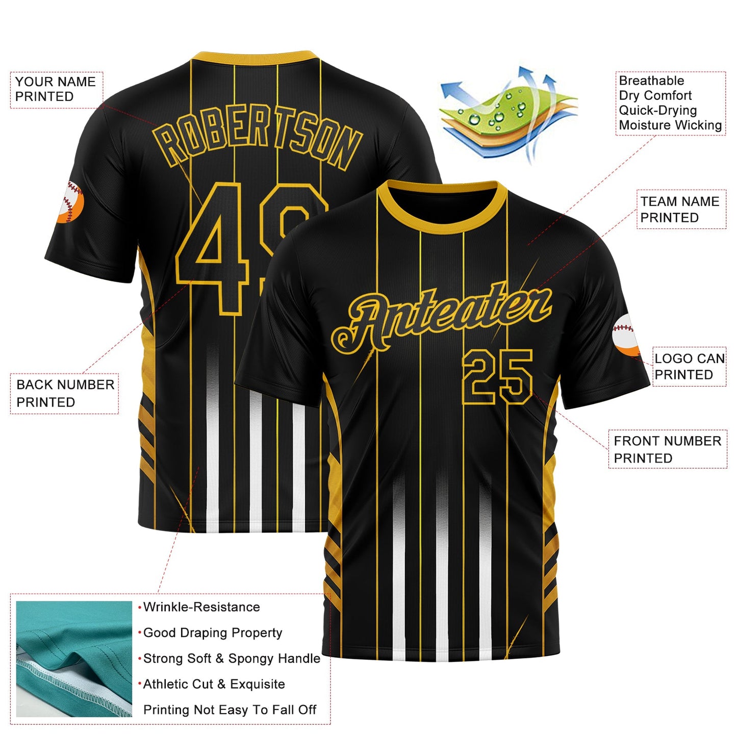 Custom Black Yellow 3D Pattern Design Germany Stripe Sportswear Performance T-Shirt view 2
