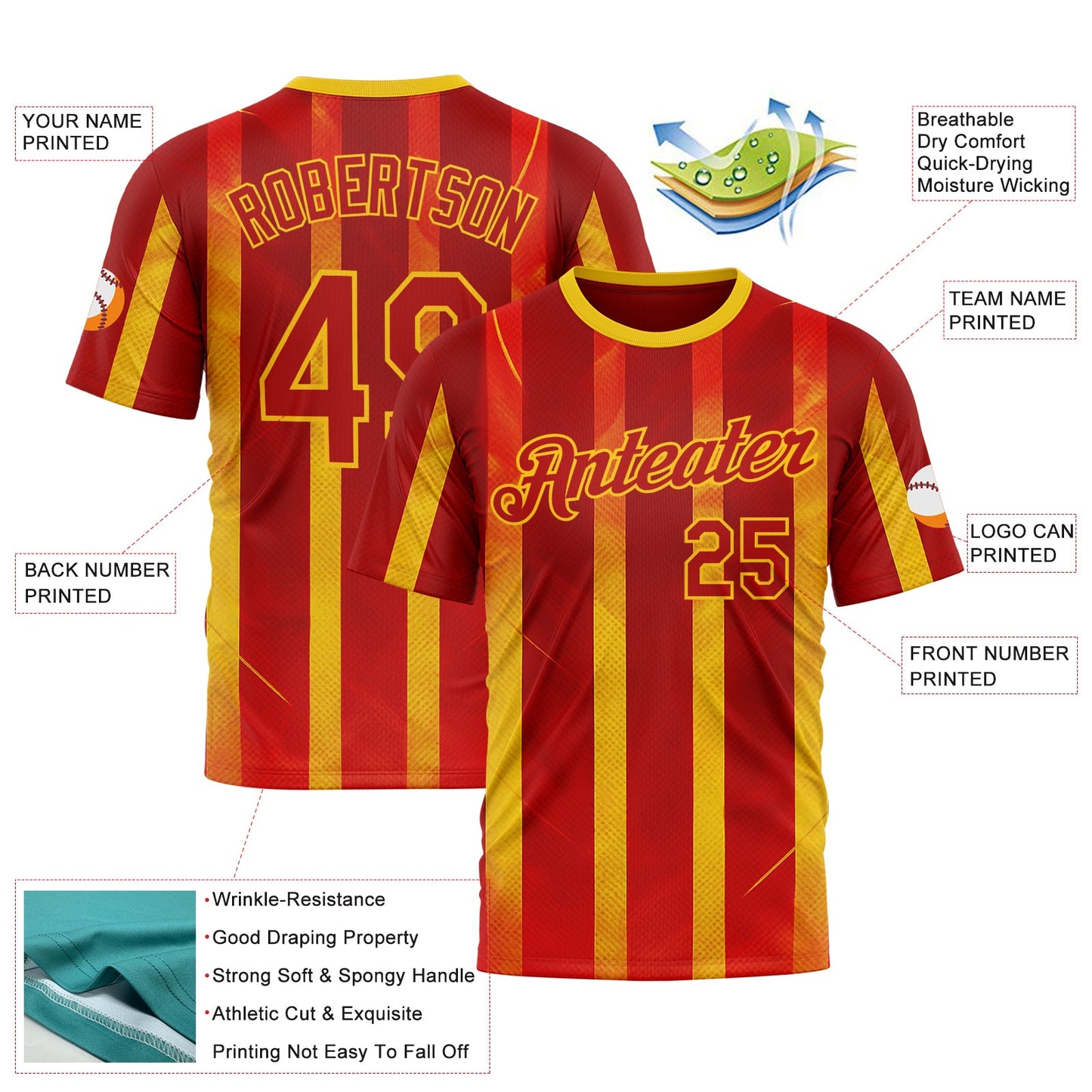 Custom Red Yellow 3D Pattern Design Spain Stripe Sportswear Performance T-Shirt view 2