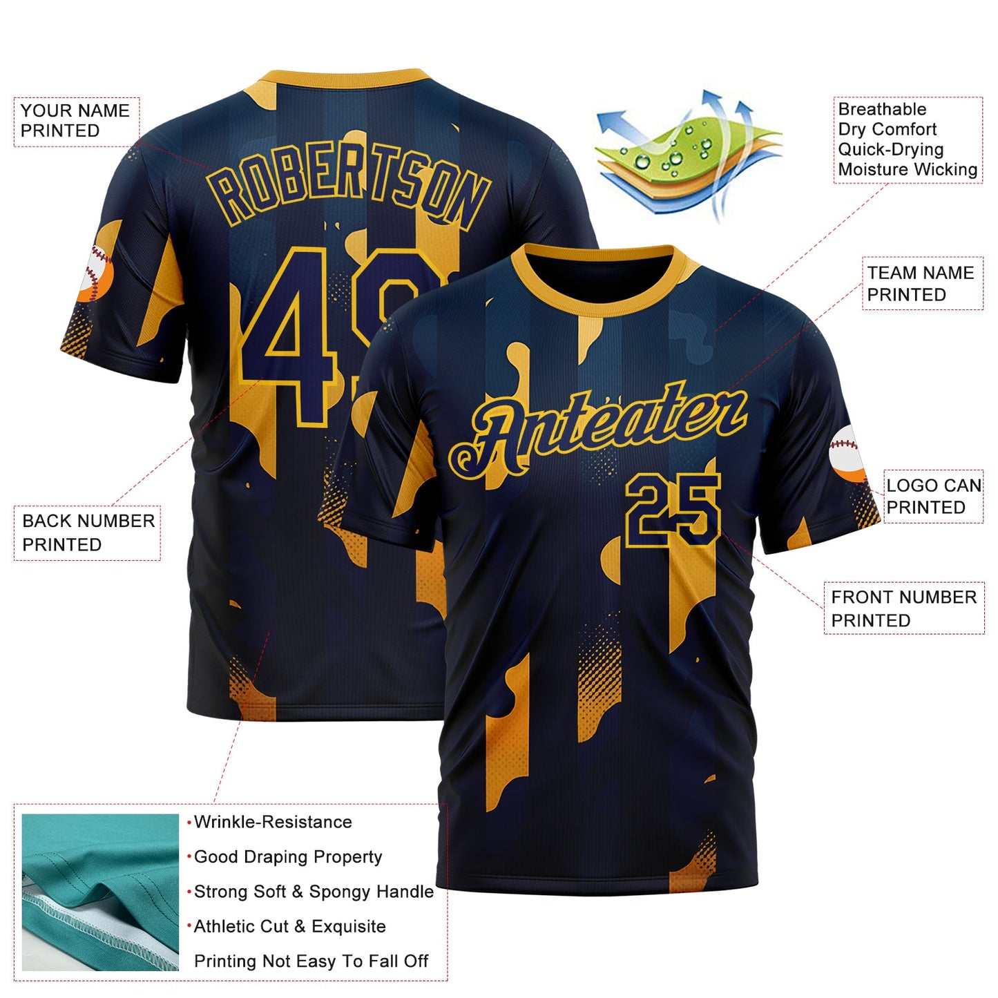 Custom Blue Navy-Yellow 3D Pattern Design Geometric Shape Stripe Sportswear Performance T-Shirt view 2