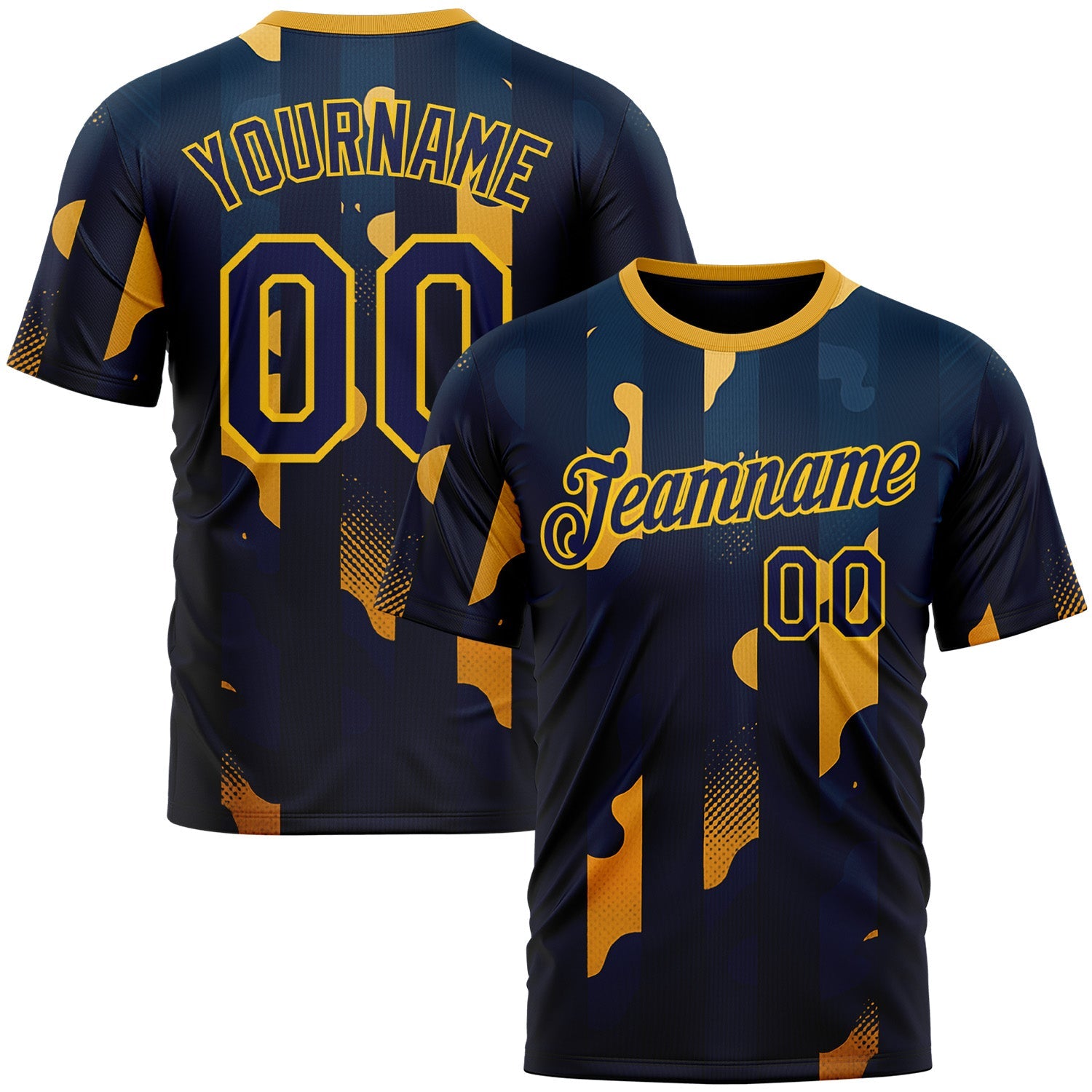 Custom Blue Navy-Yellow 3D Pattern Design Geometric Shape Stripe Sportswear Performance T-Shirt - Main View
