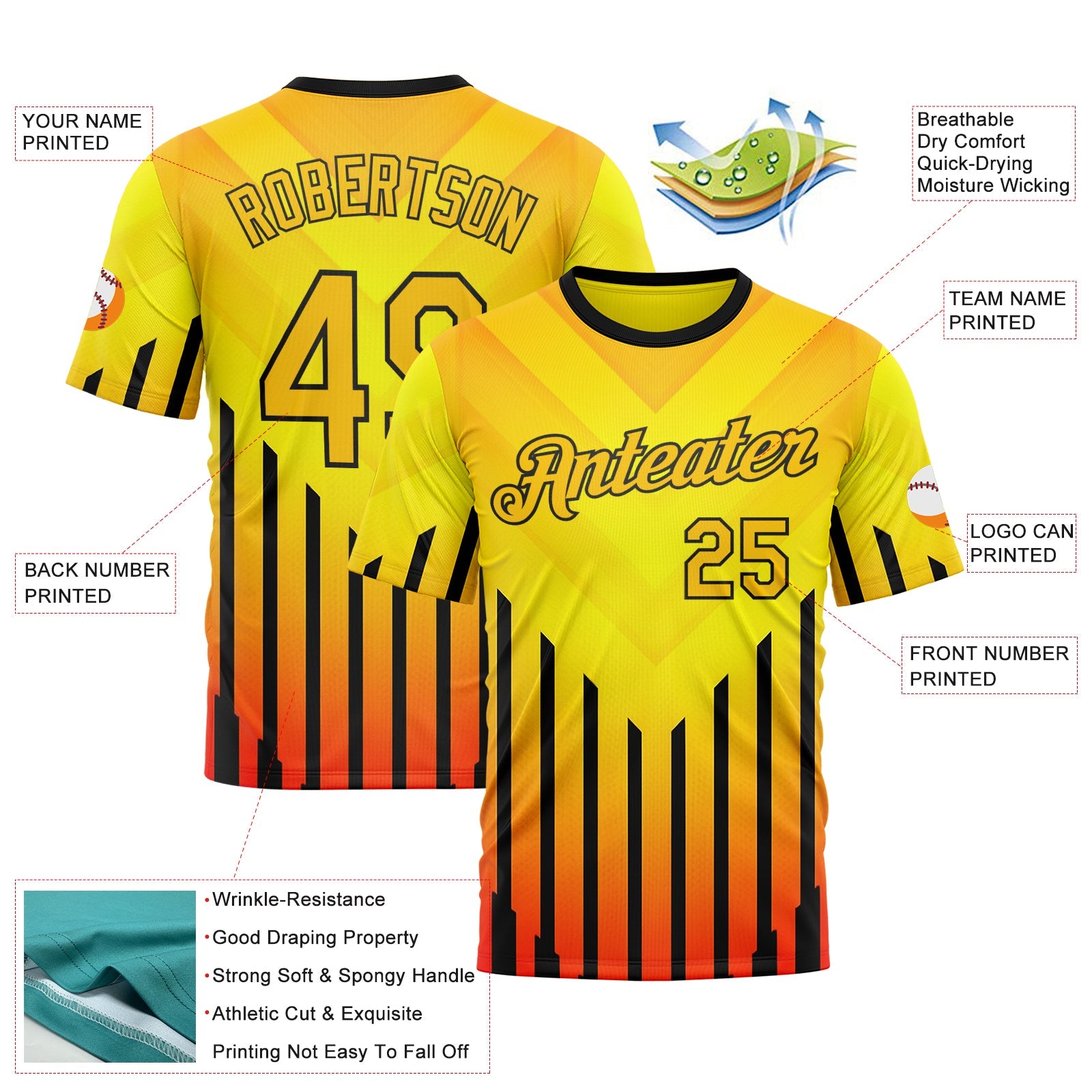 Custom Yellow Red-Black 3D Pattern Design Gradient Geometric Shape Stripe Sportswear Performance T-Shirt view 2